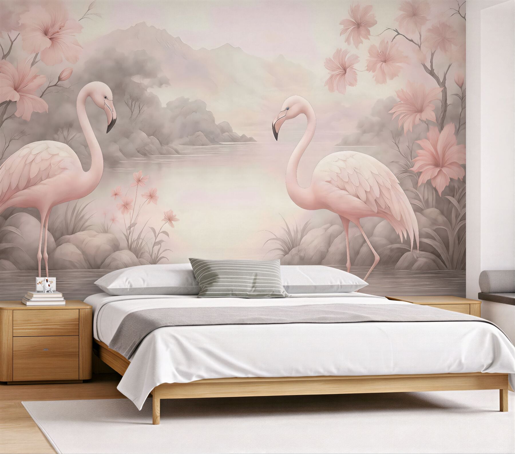 Fototapeta pastelowe flamingi nad spokojnym jeziorem