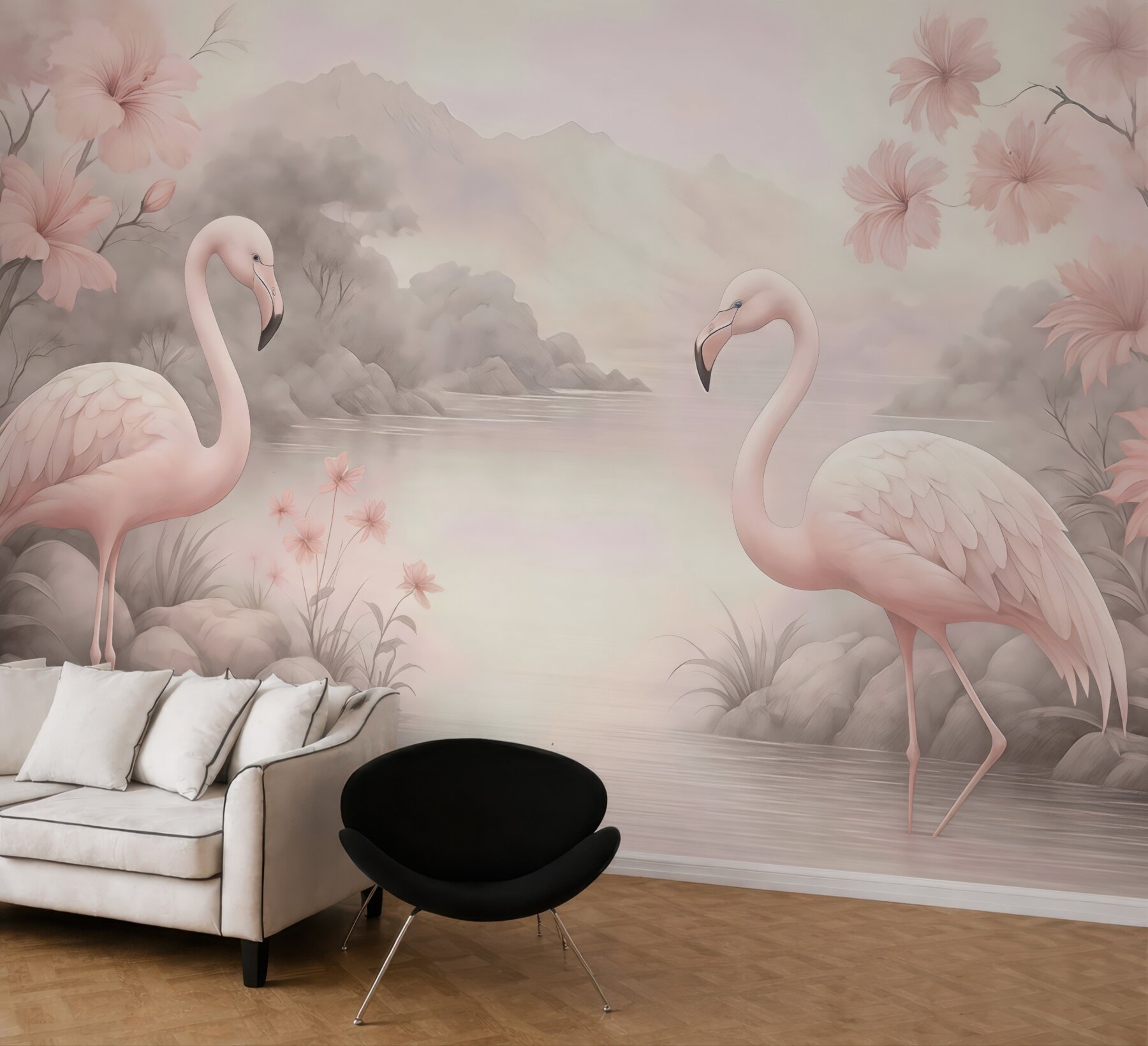 Fototapeta pastelowe flamingi nad spokojnym jeziorem