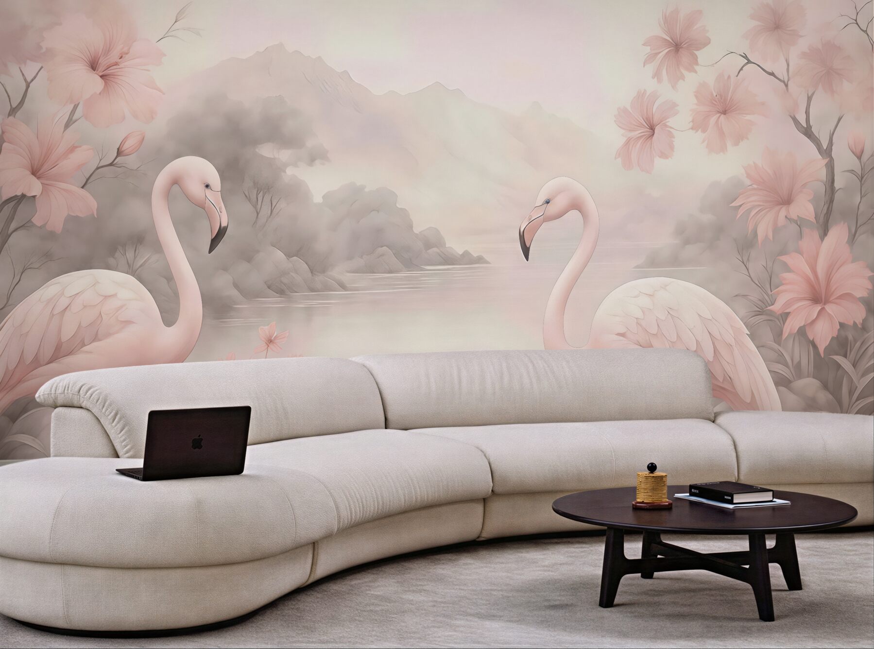 Fototapeta pastelowe flamingi nad spokojnym jeziorem