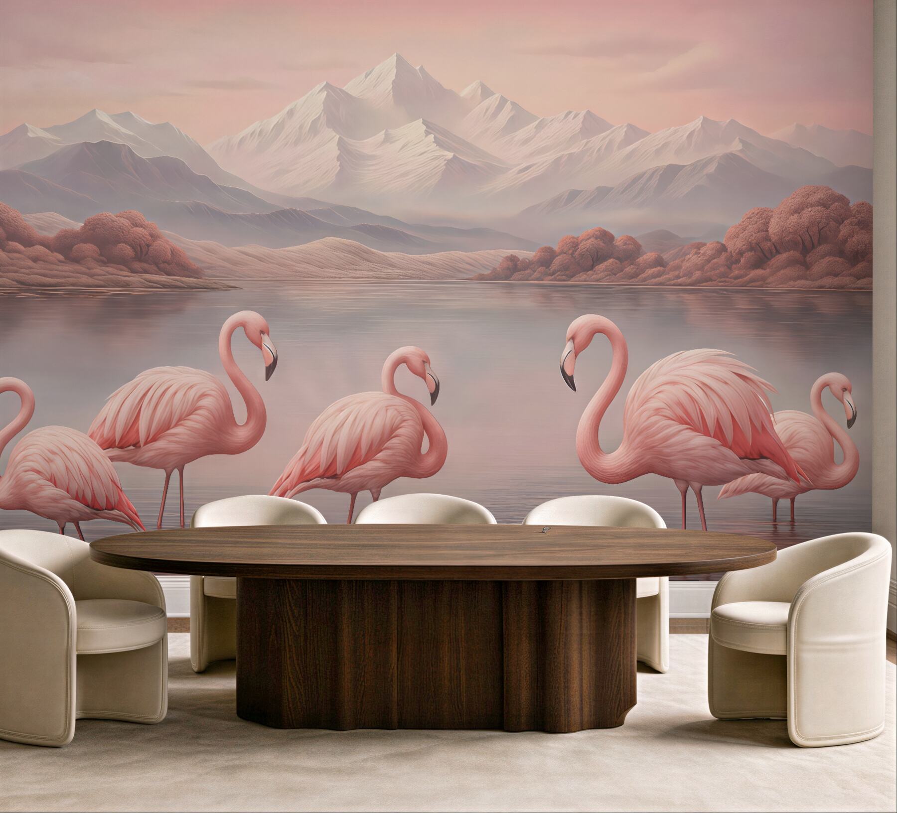 Fototapeta różowe flamingi nad spokojnym jeziorem