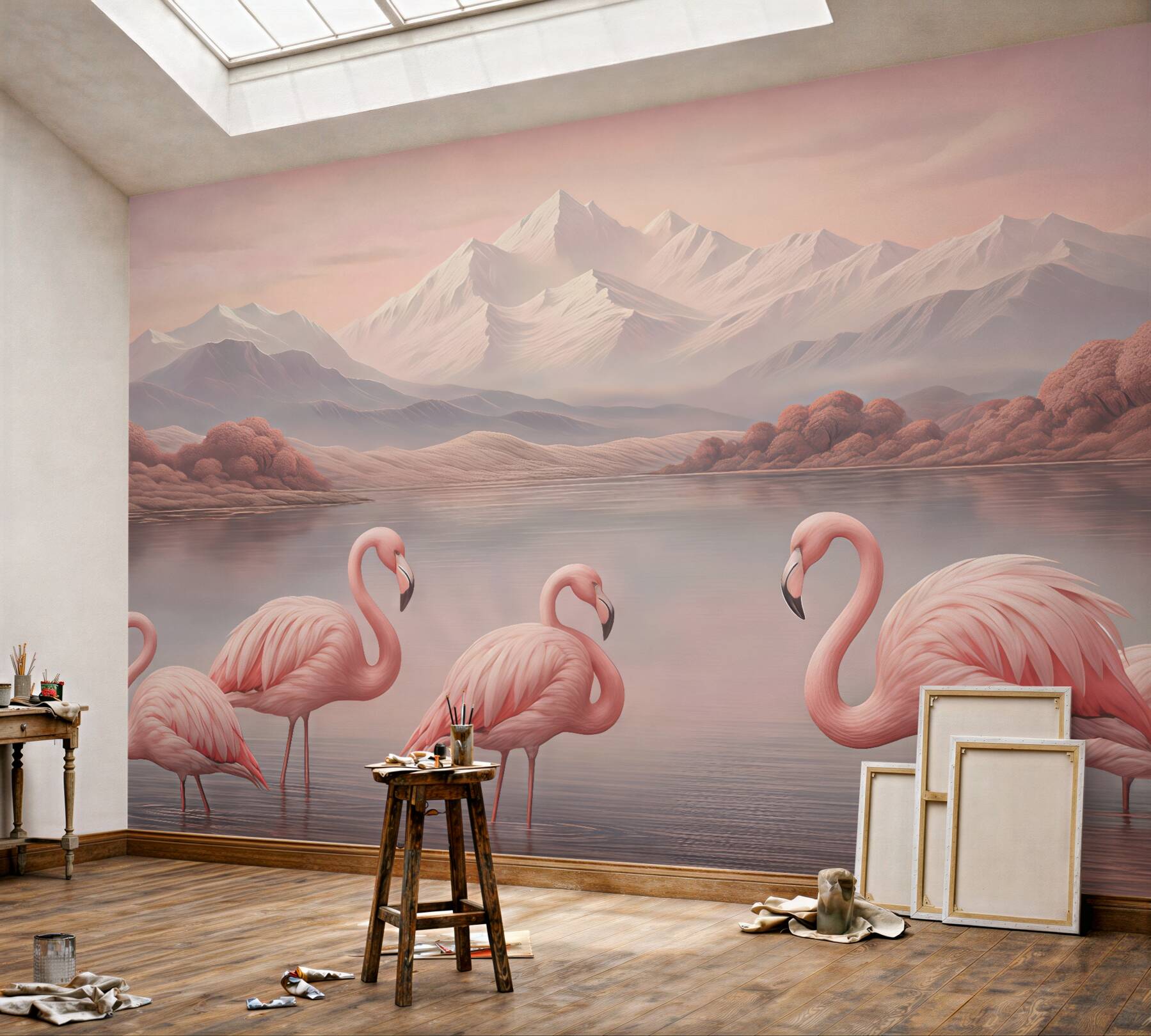 Fototapeta różowe flamingi nad spokojnym jeziorem