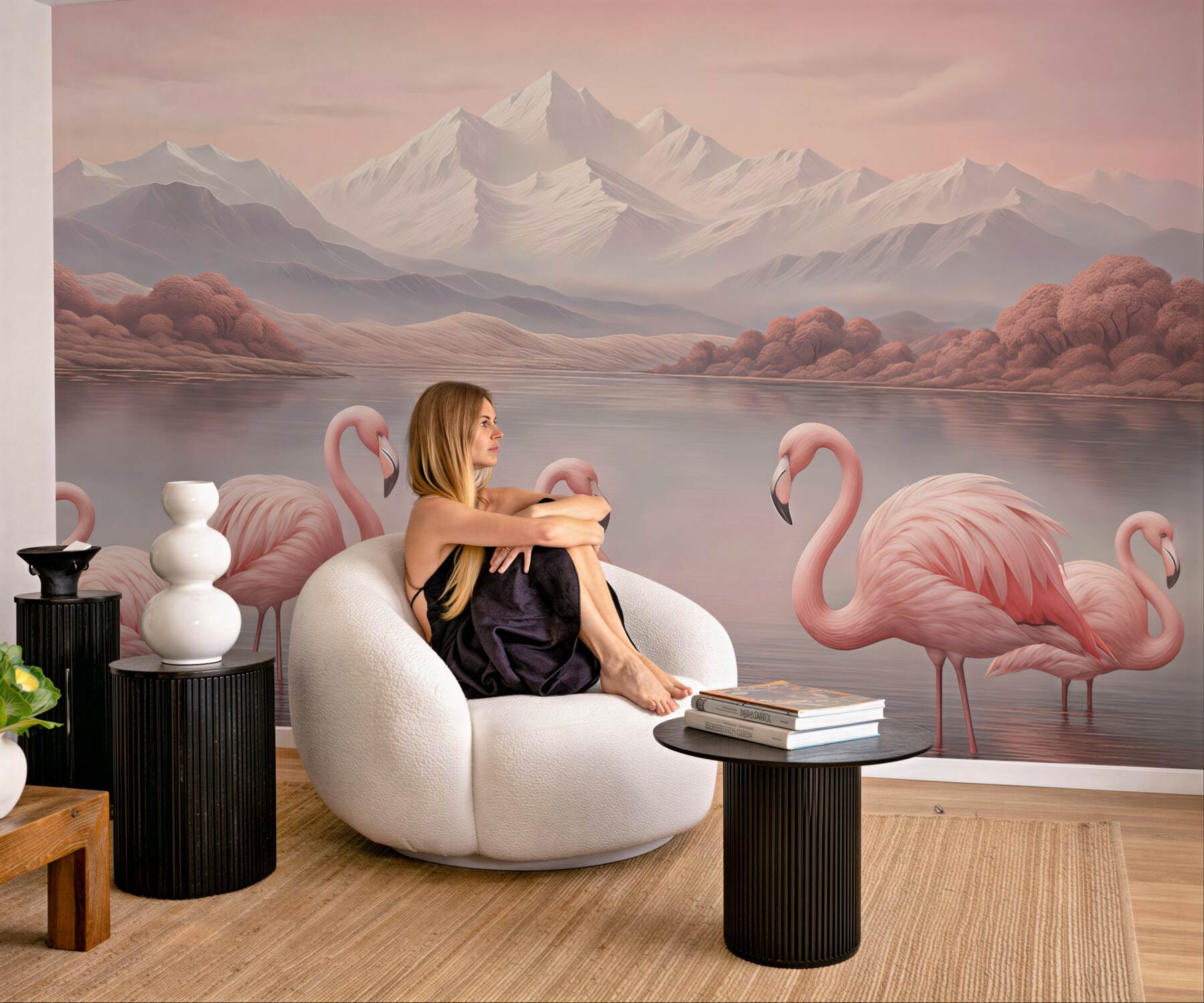 Fototapeta różowe flamingi nad spokojnym jeziorem