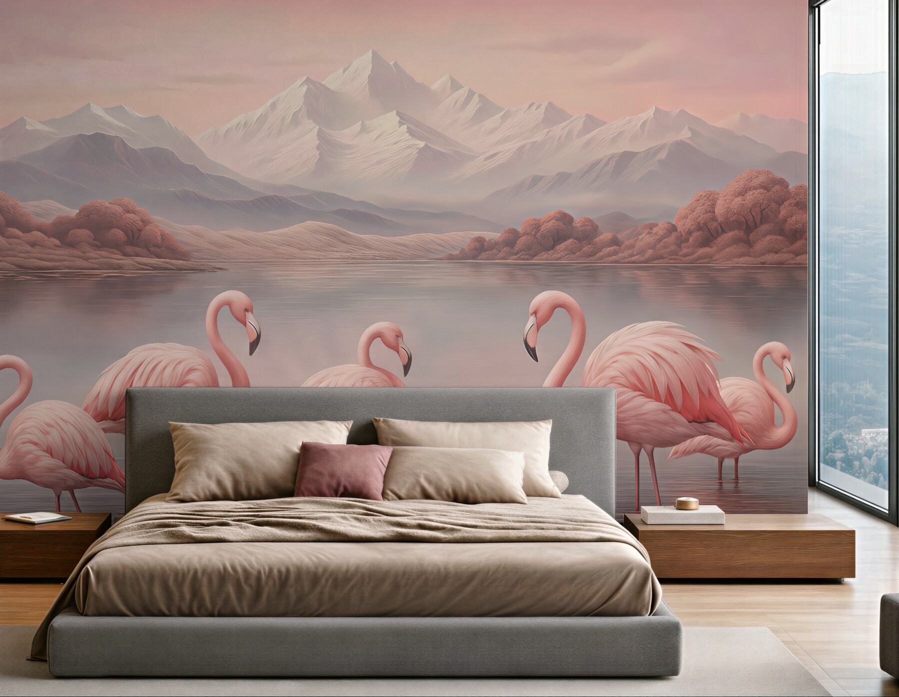 Fototapeta różowe flamingi nad spokojnym jeziorem