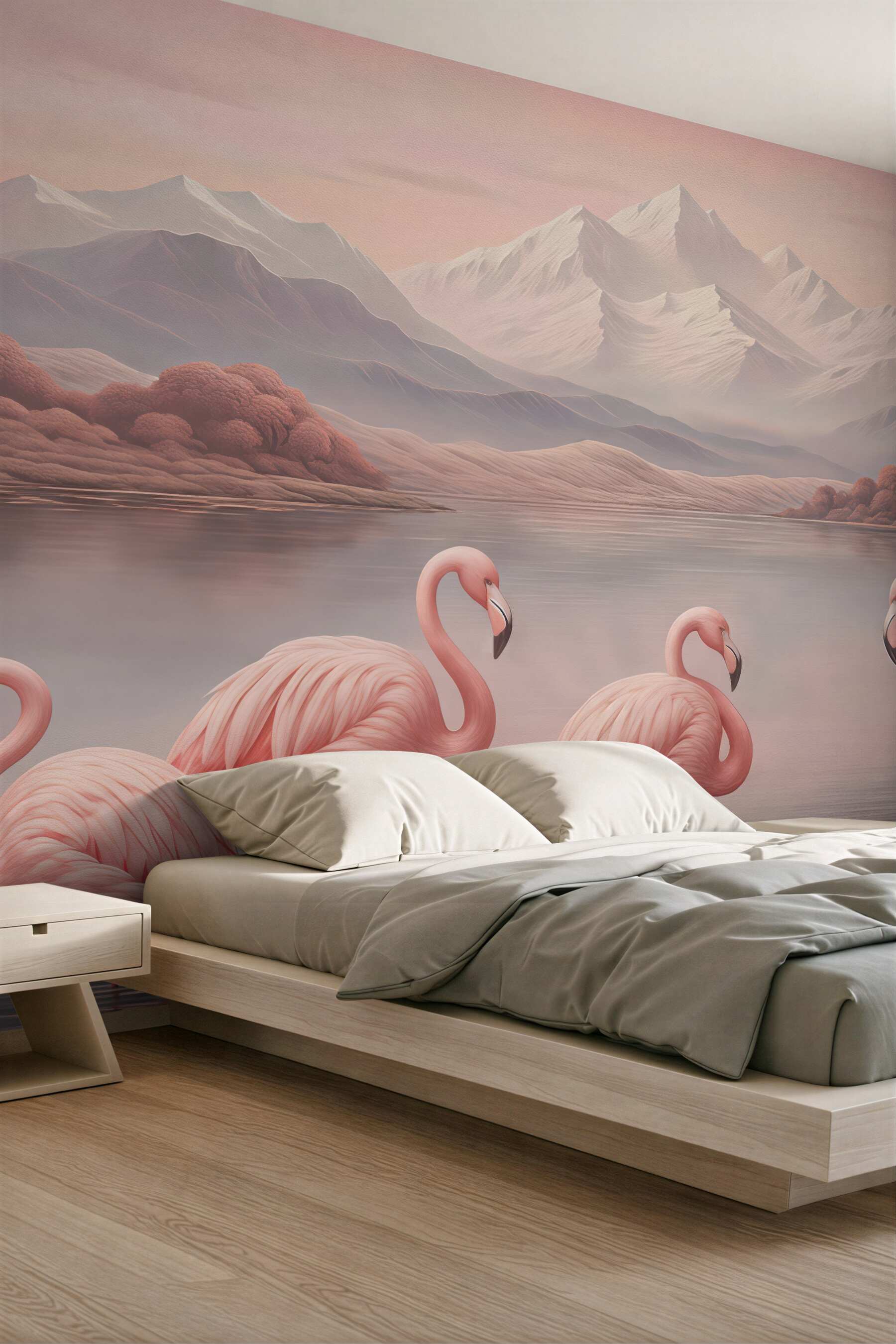 Fototapeta różowe flamingi nad spokojnym jeziorem