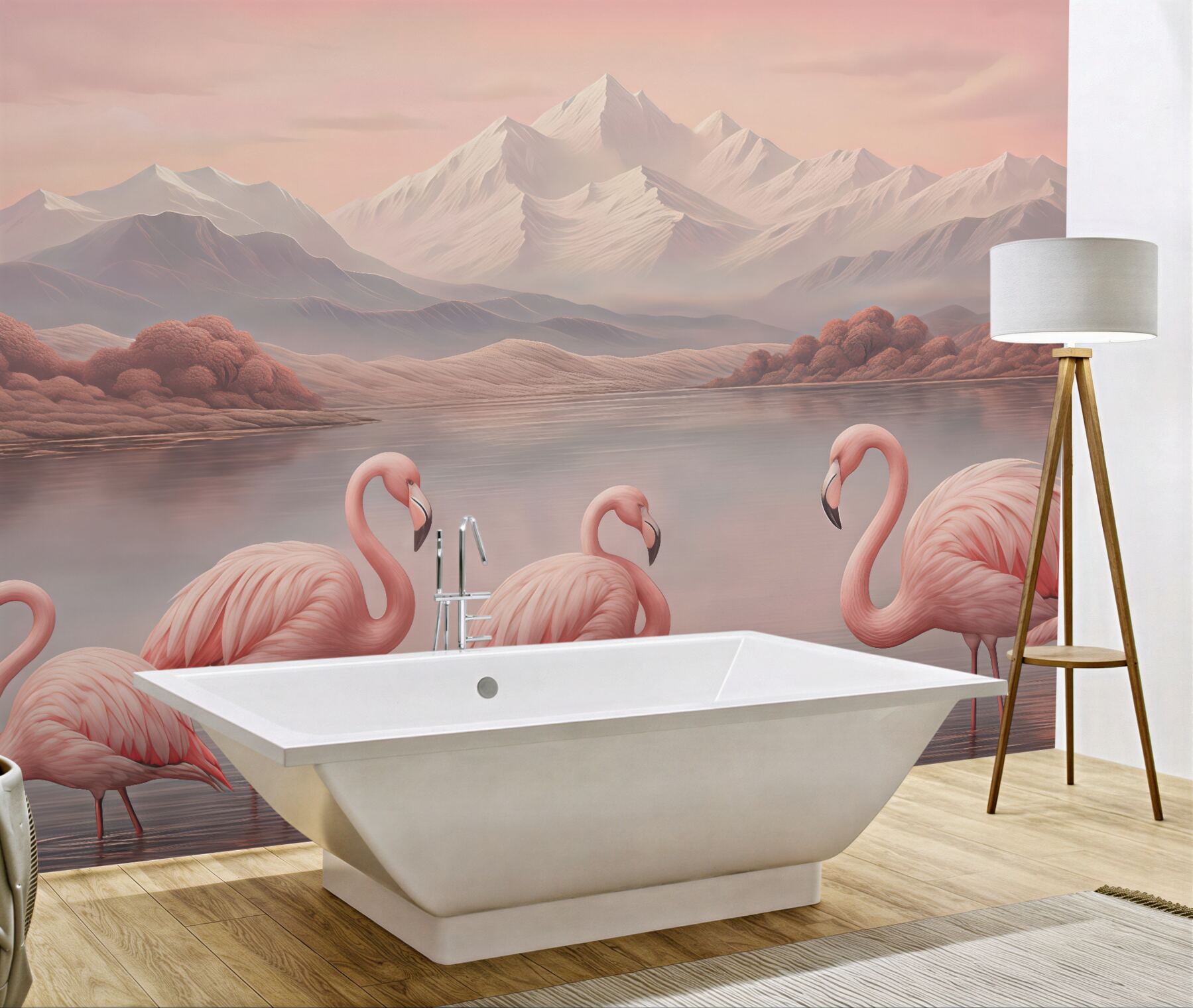 Fototapeta różowe flamingi nad spokojnym jeziorem