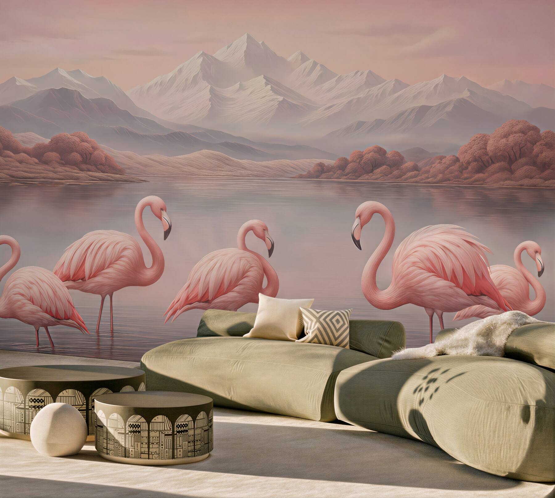 Fototapeta różowe flamingi nad spokojnym jeziorem