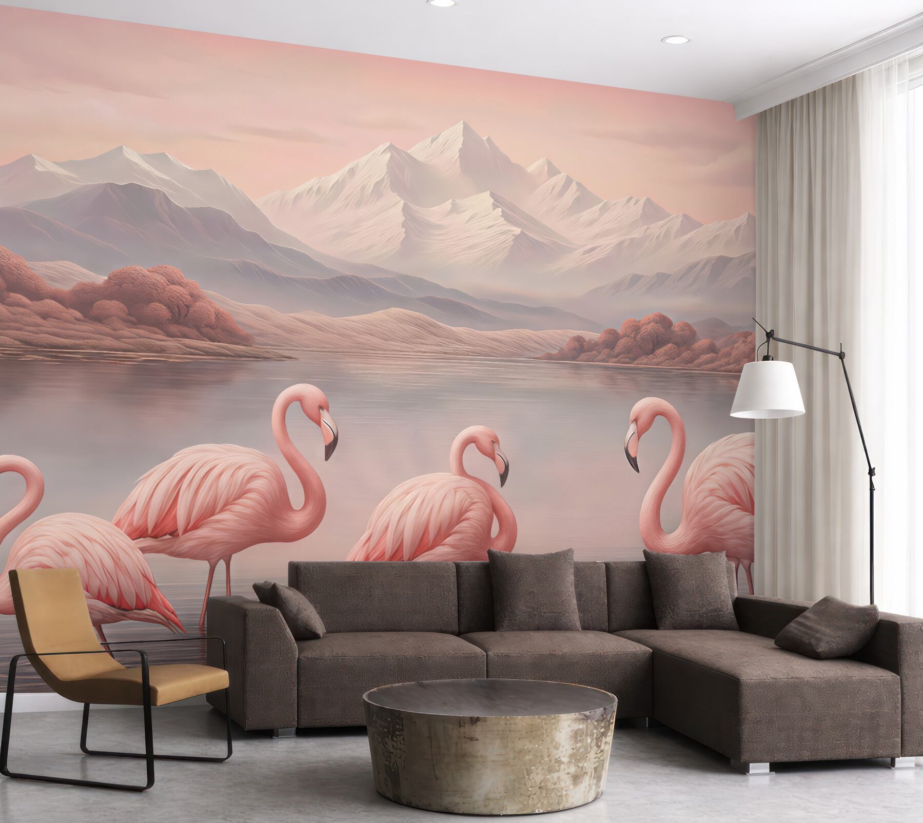 Fototapeta różowe flamingi nad spokojnym jeziorem