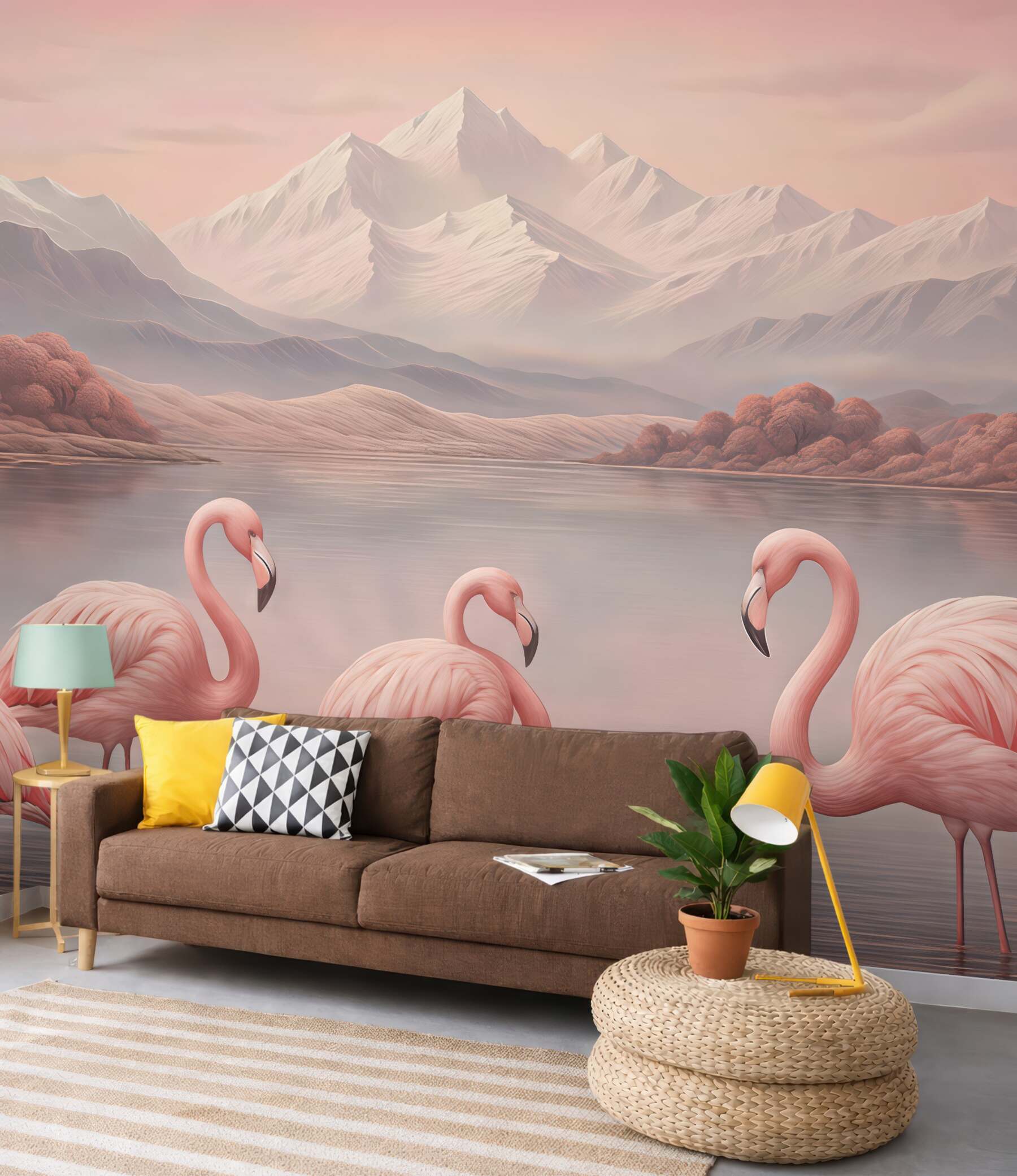 Fototapeta różowe flamingi nad spokojnym jeziorem