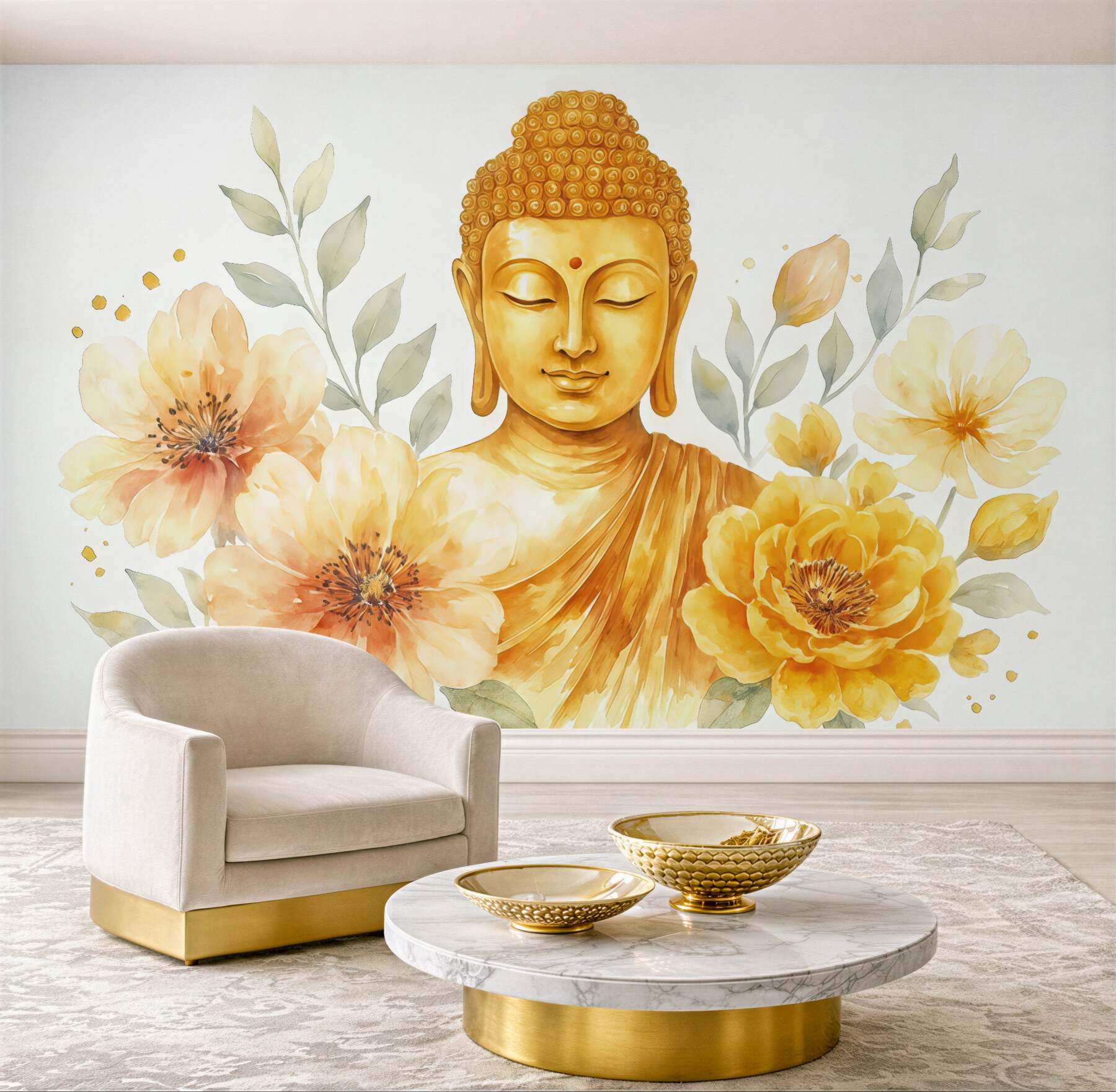 Fototapeta złoty budda wśród akwarelowych kwiatów