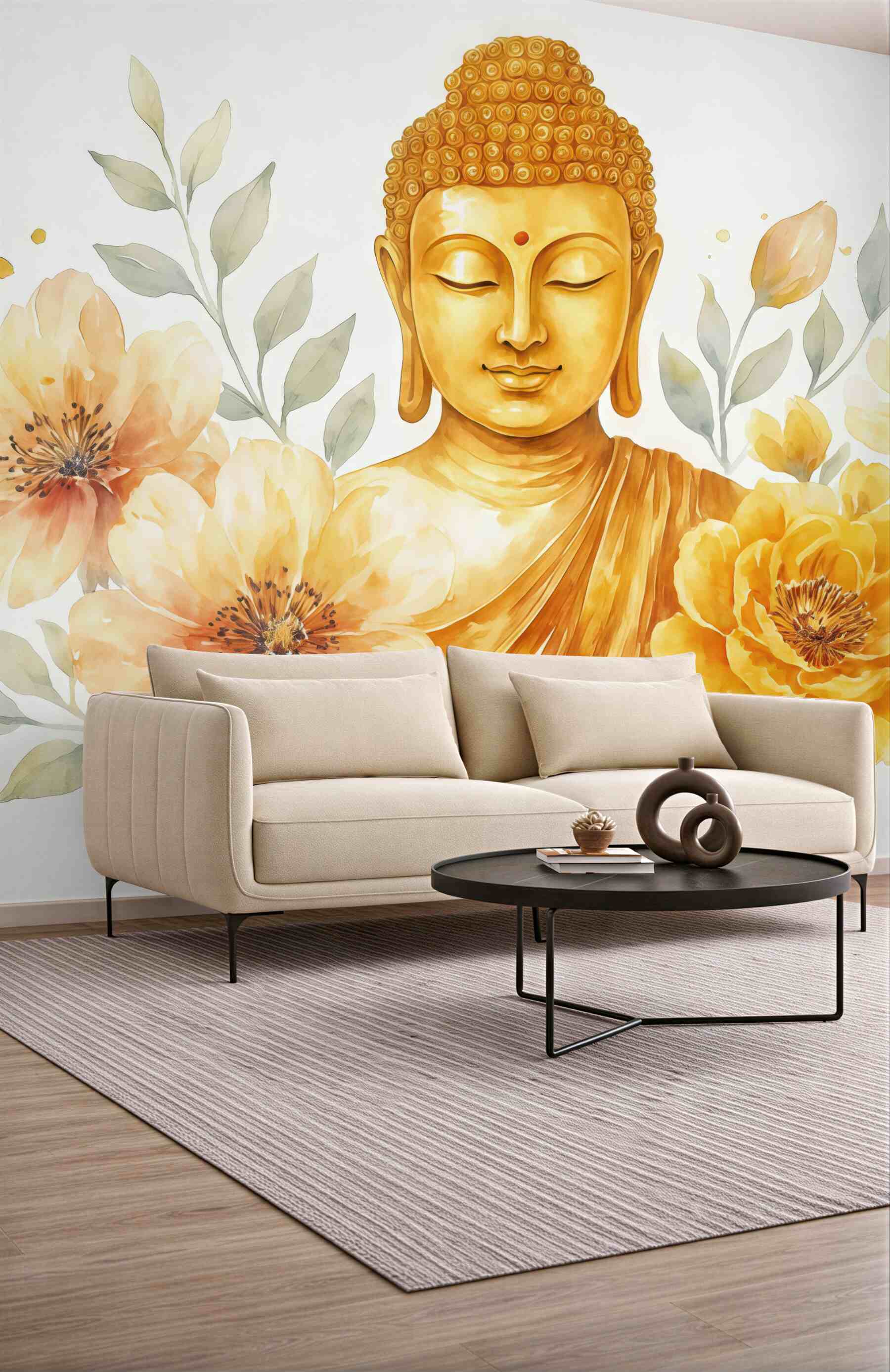 Fototapeta złoty budda wśród akwarelowych kwiatów