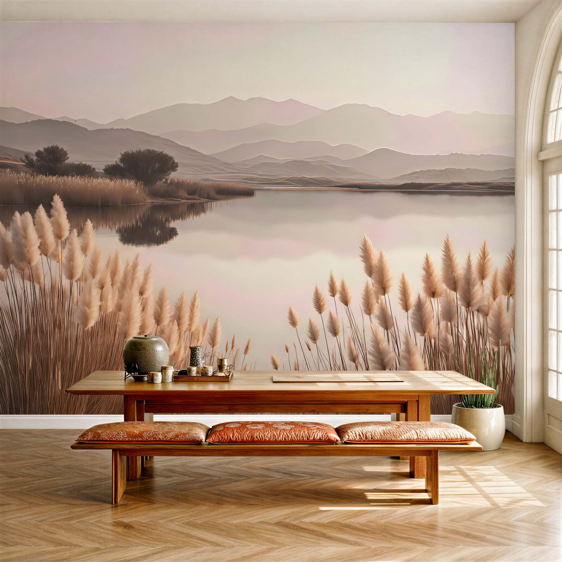 Fototapeta spokojne jezioro w pastelowych górach