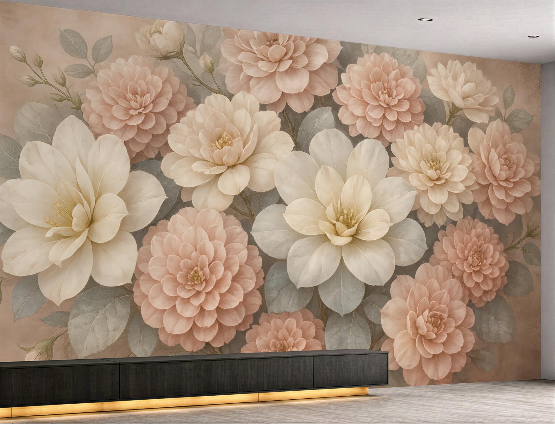 Fototapeta pudrowe dalie i magnolie w vintage
