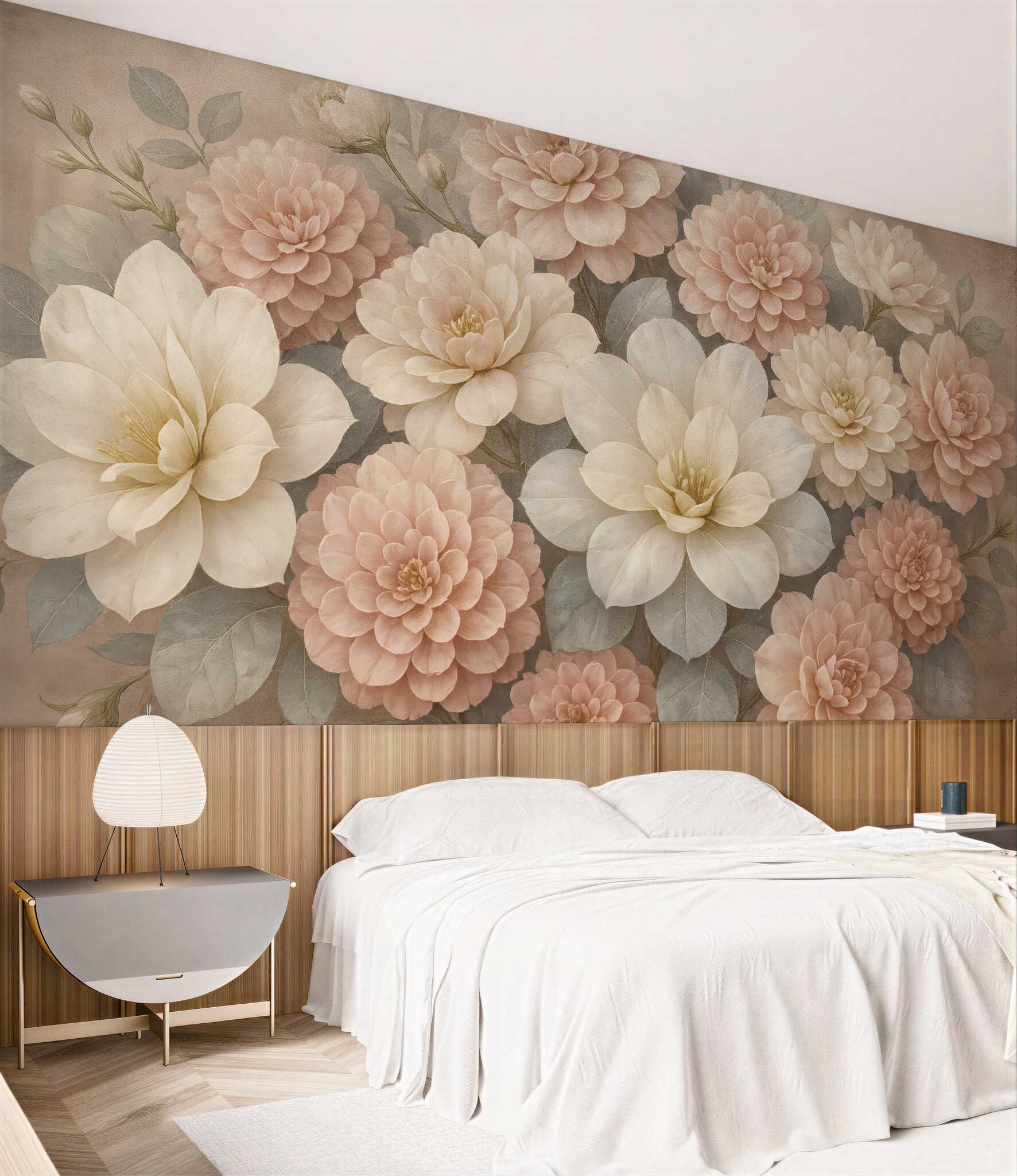 Fototapeta pudrowe dalie i magnolie w vintage