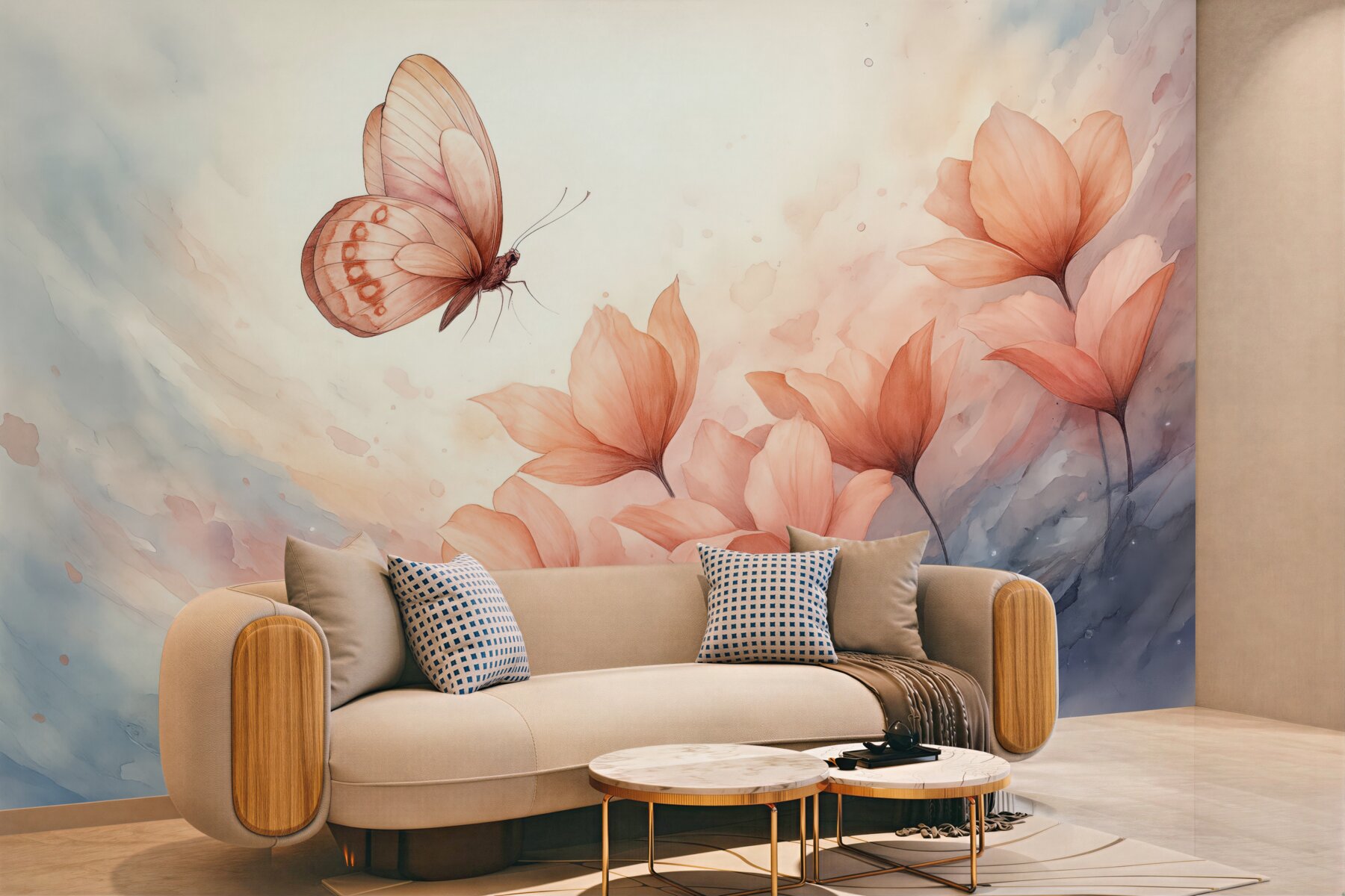Fototapeta motyl i brzoskwiniowe kwiaty akwarelą