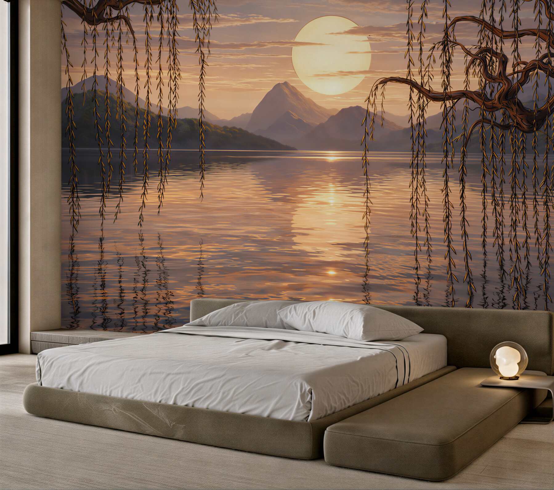 Fototapeta zachód słońca nad jeziorem z górami i wierzbą