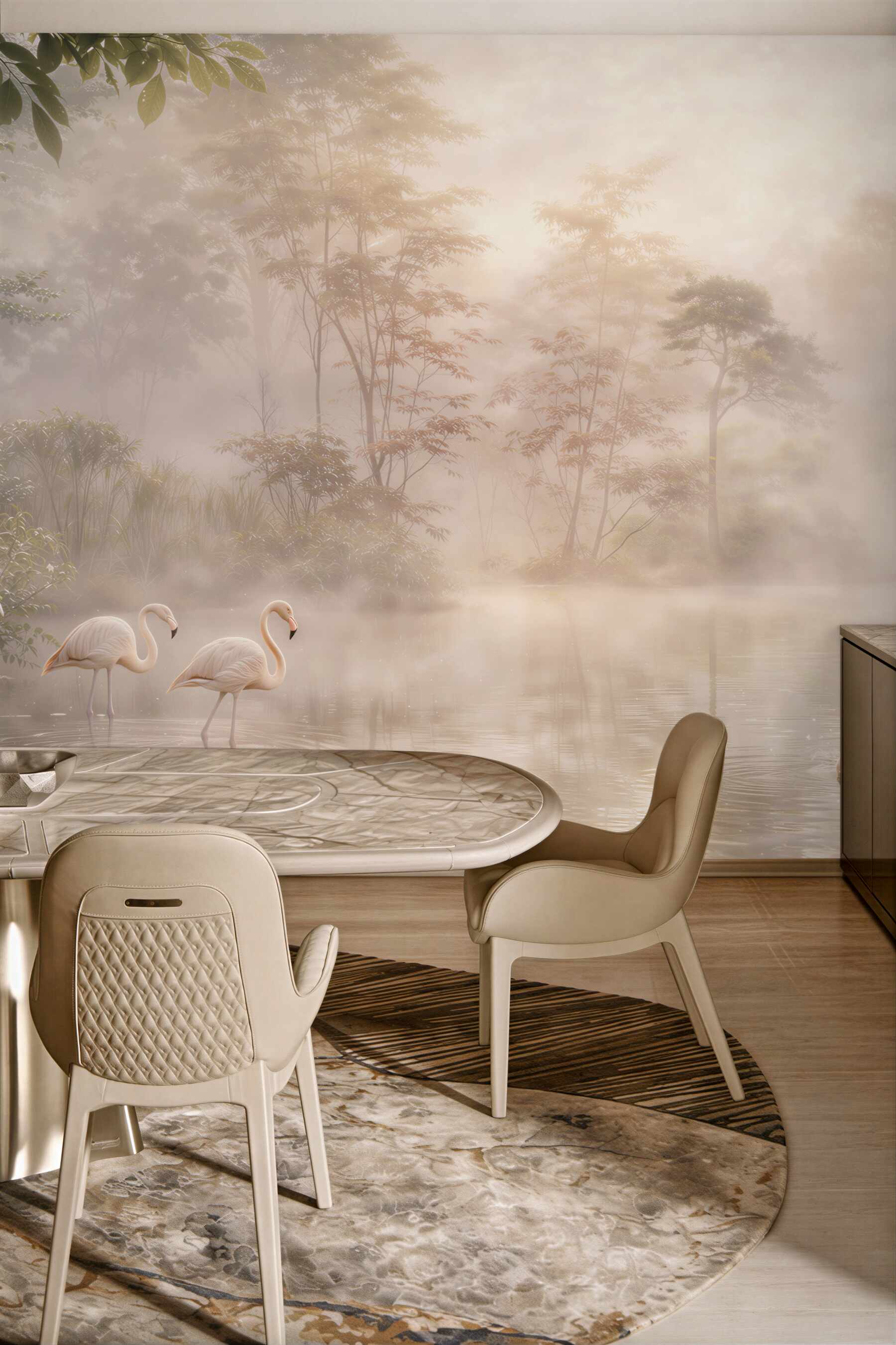 Fototapeta flamingi nad mglistym jeziorem w pastelowym świetle