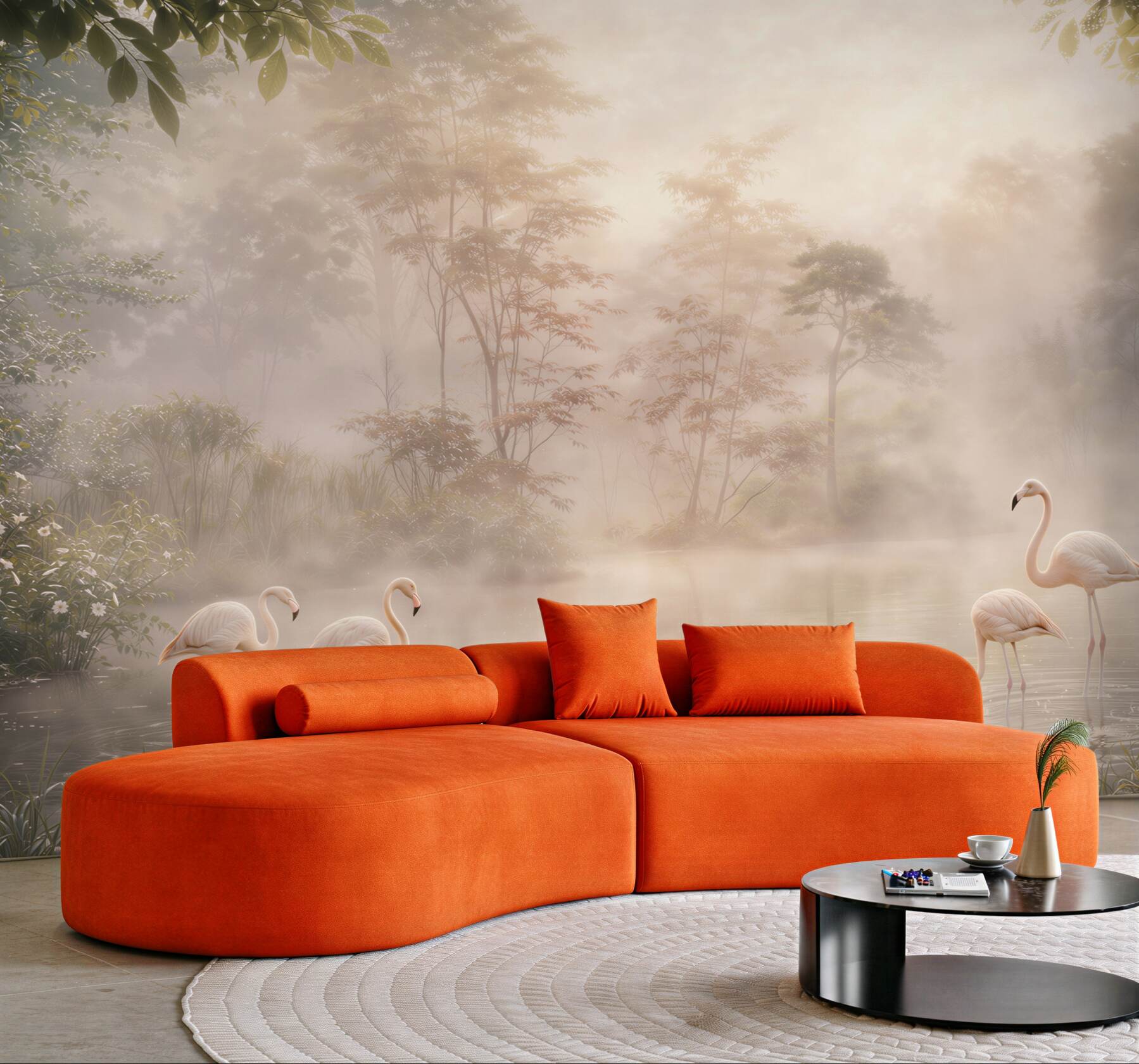Fototapeta flamingi nad mglistym jeziorem w pastelowym świetle