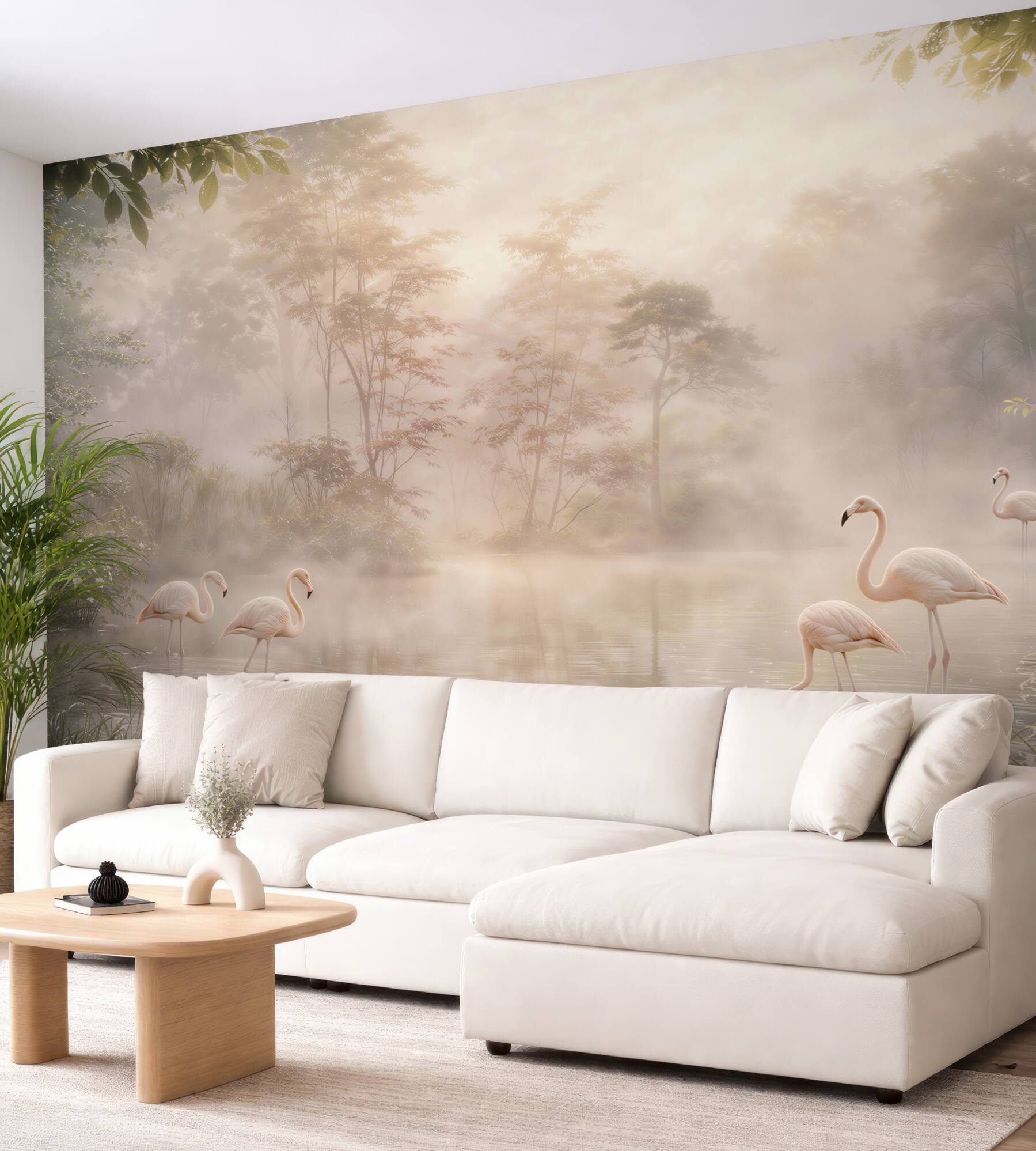 Fototapeta flamingi nad mglistym jeziorem w pastelowym świetle