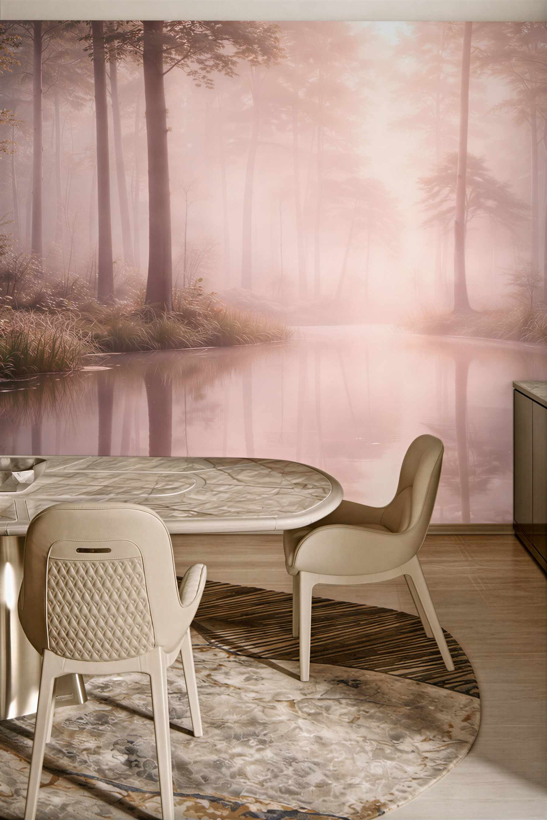 Fototapeta mglisty las nad jeziorem w pastelowych różowych tonach