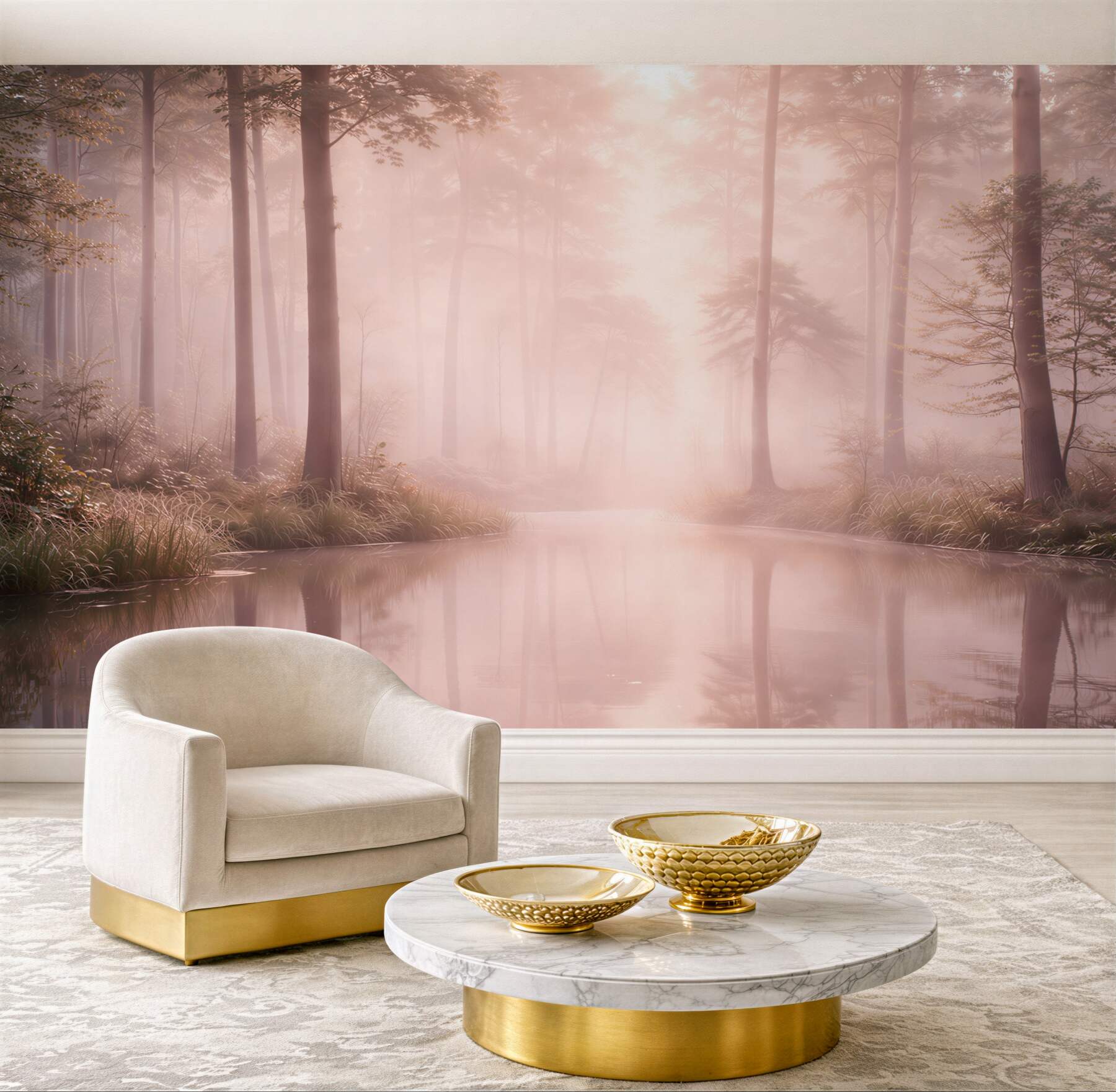Fototapeta mglisty las nad jeziorem w pastelowych różowych tonach
