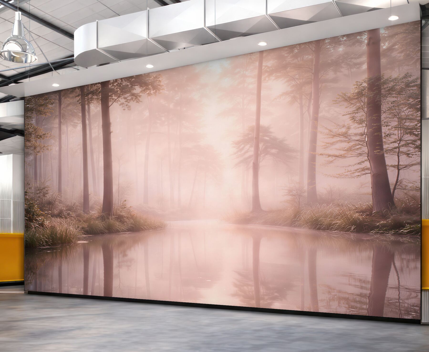 Fototapeta mglisty las nad jeziorem w pastelowych różowych tonach