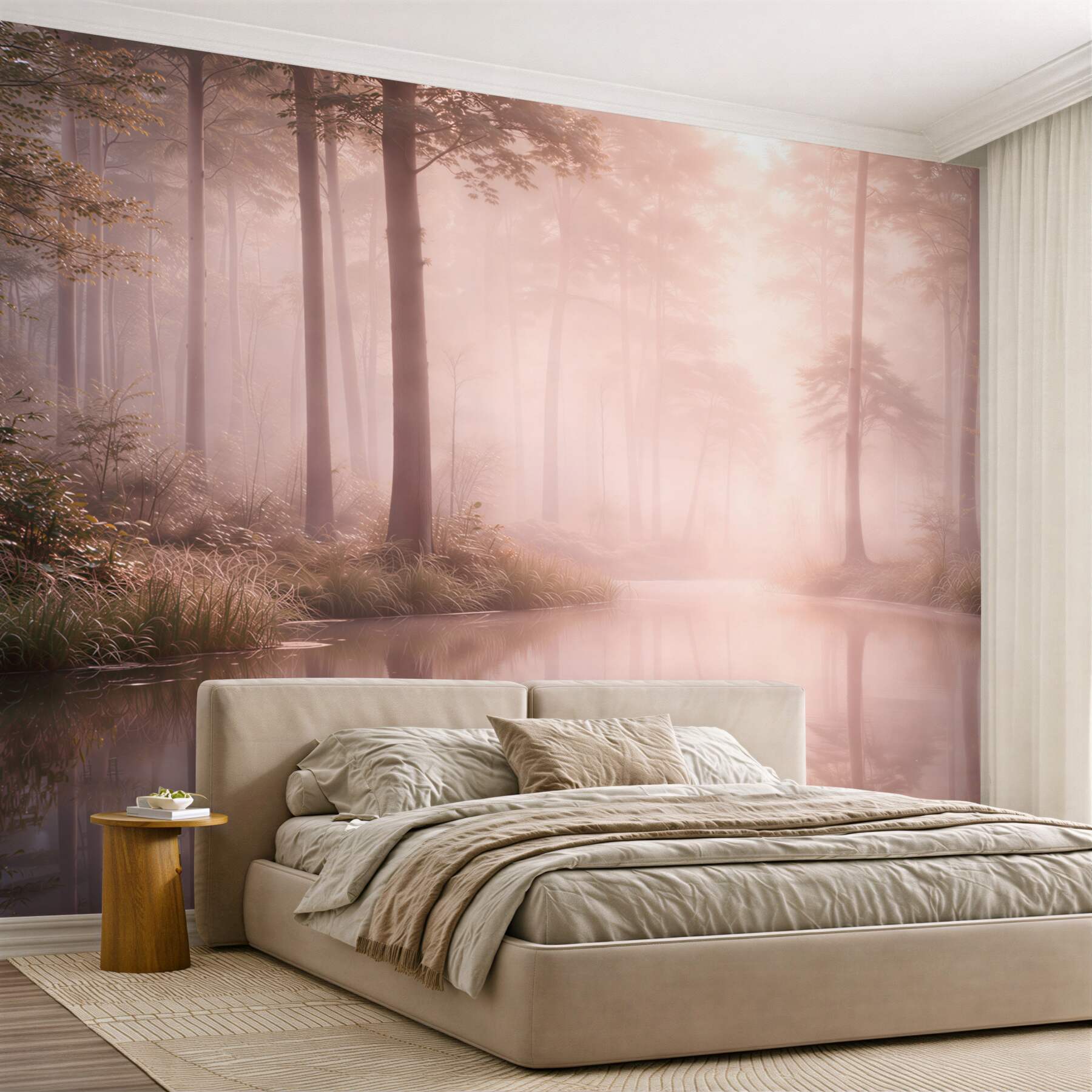 Fototapeta mglisty las nad jeziorem w pastelowych różowych tonach