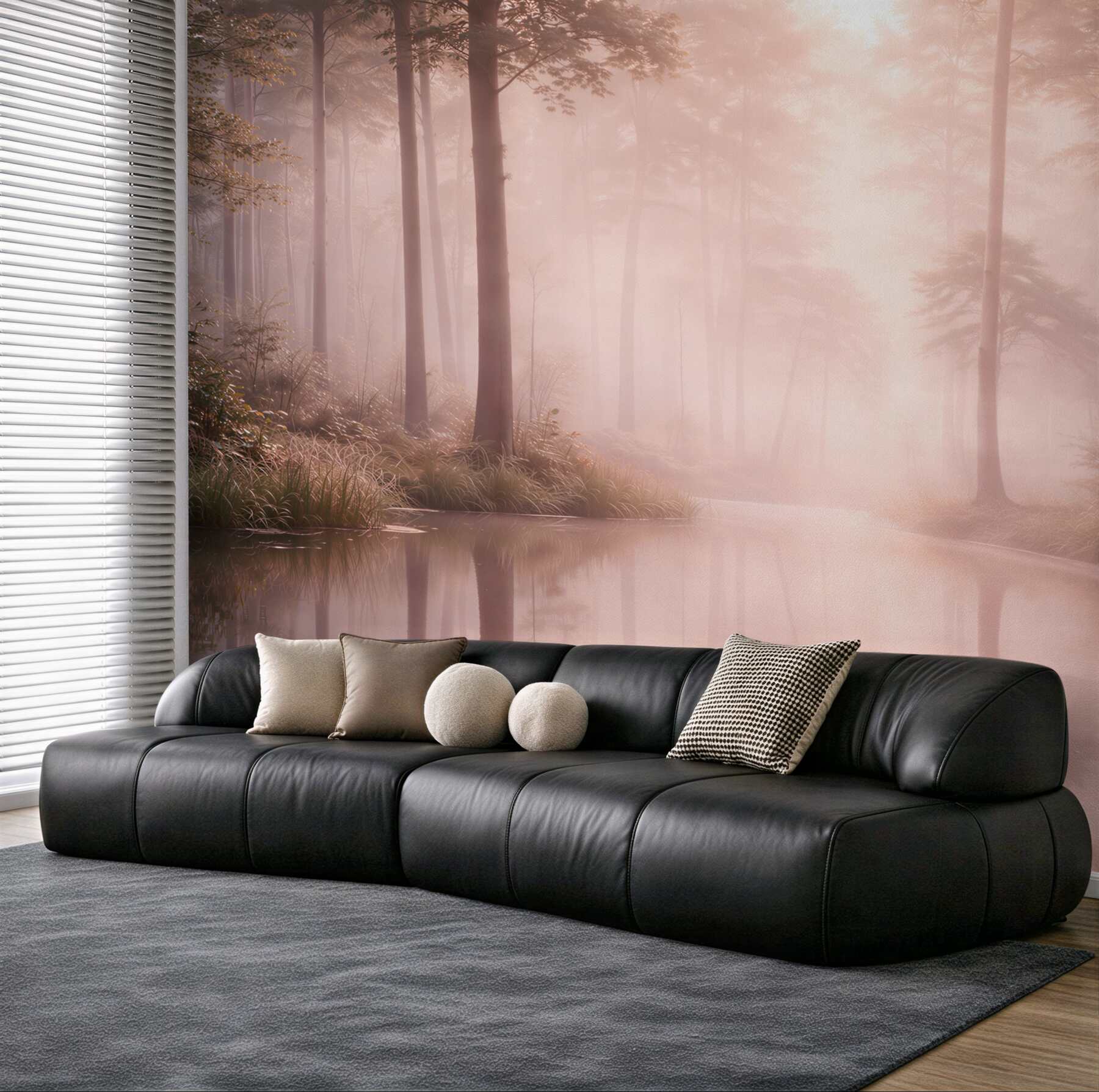 Fototapeta mglisty las nad jeziorem w pastelowych różowych tonach