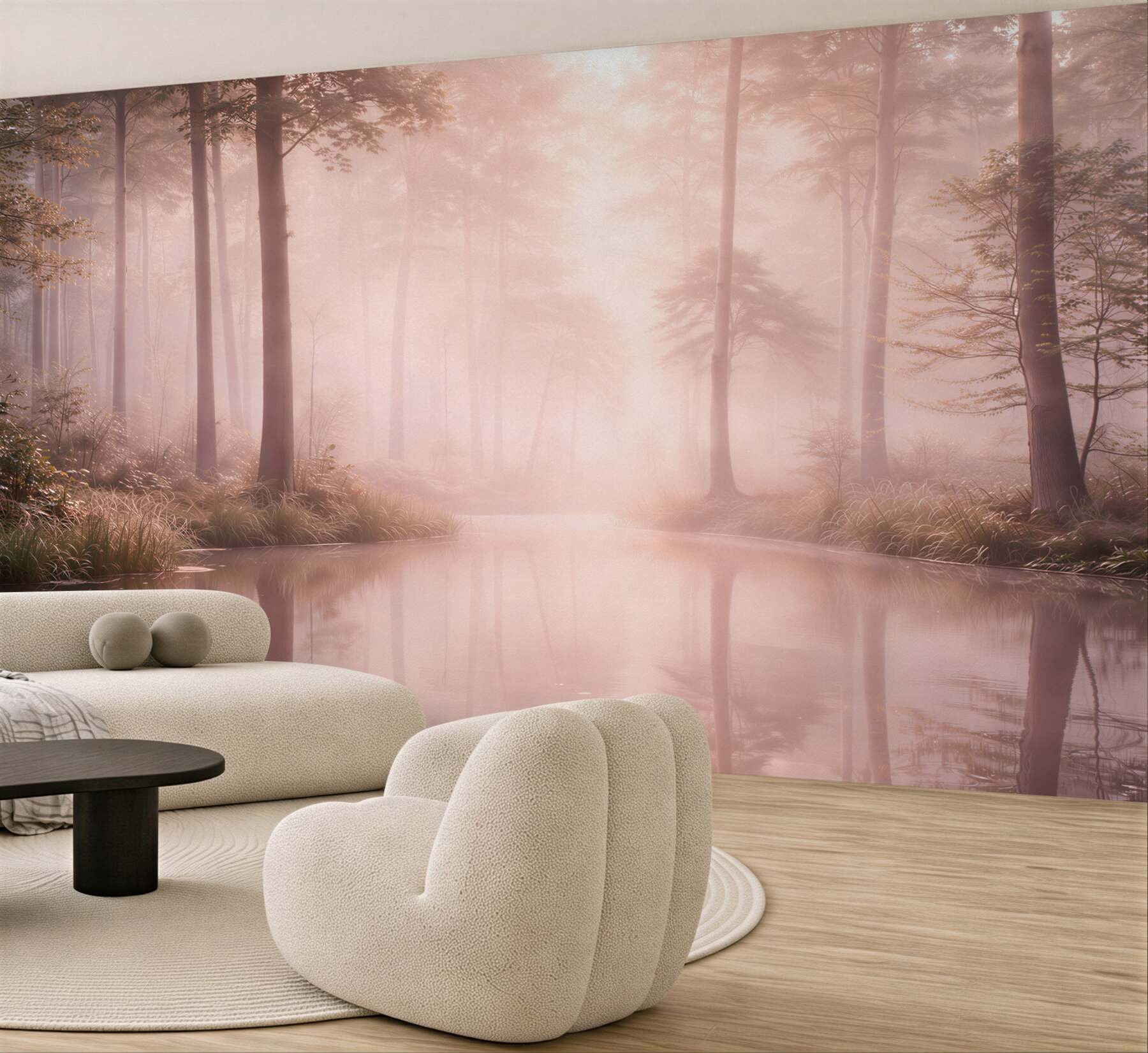 Fototapeta mglisty las nad jeziorem w pastelowych różowych tonach