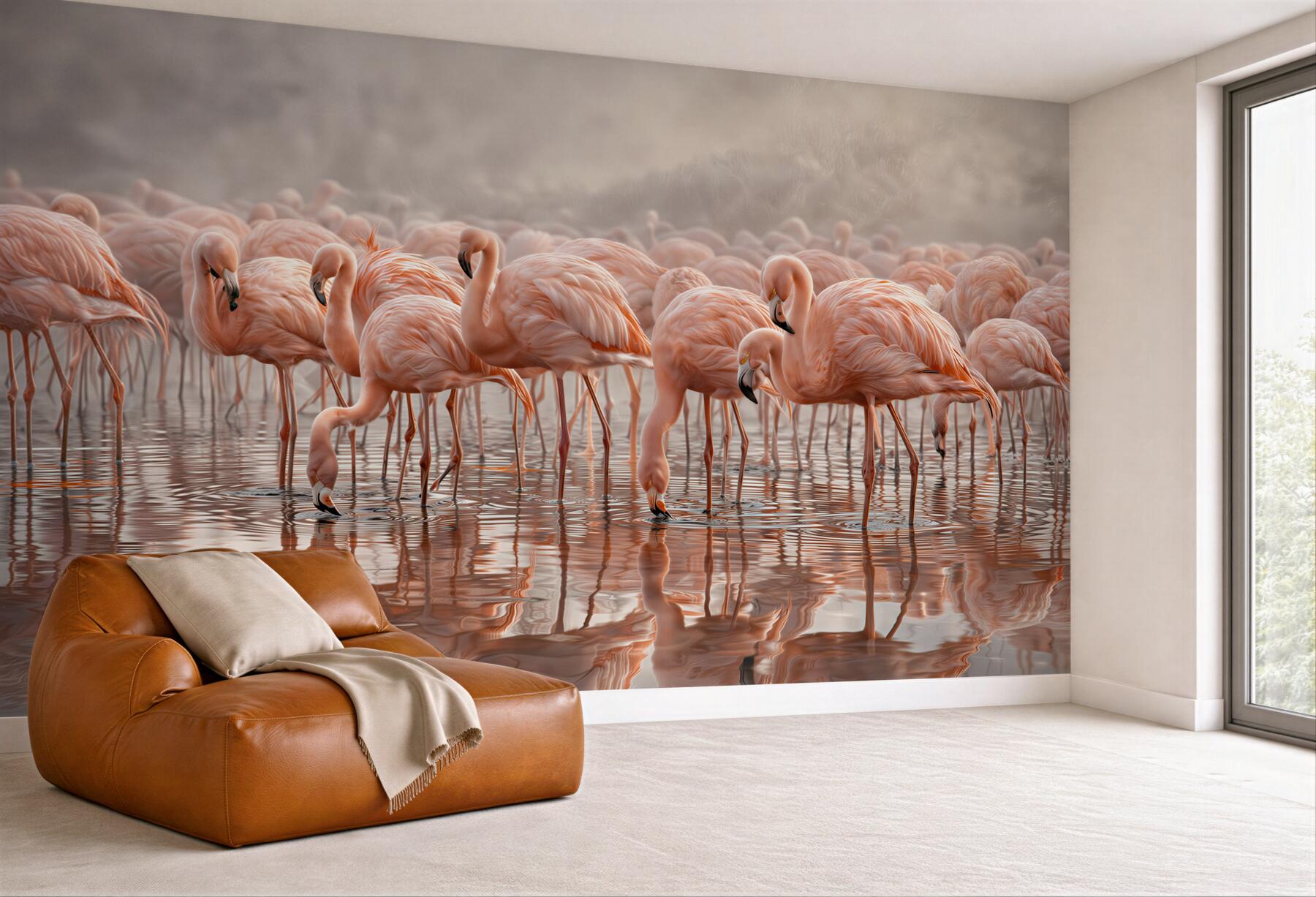 Fototapeta stado różowych flamingów w wodzie delikatna i elegancka