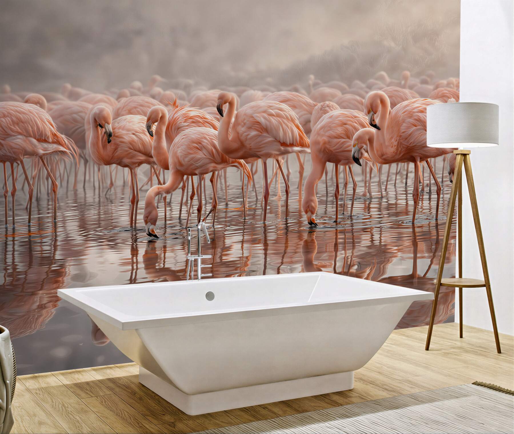 Fototapeta stado różowych flamingów w wodzie delikatna i elegancka