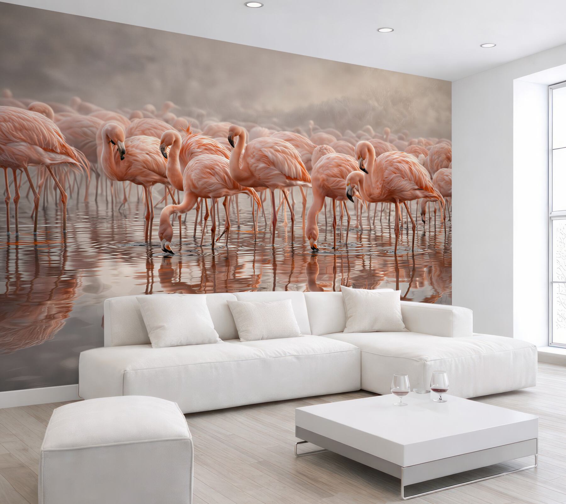 Fototapeta stado różowych flamingów w wodzie delikatna i elegancka
