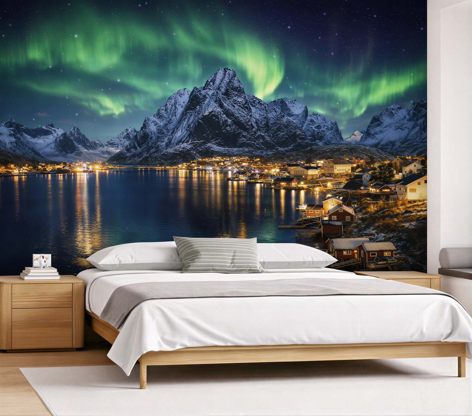 Fototapeta zorza polarna nad fiordem i górami nocny krajobraz