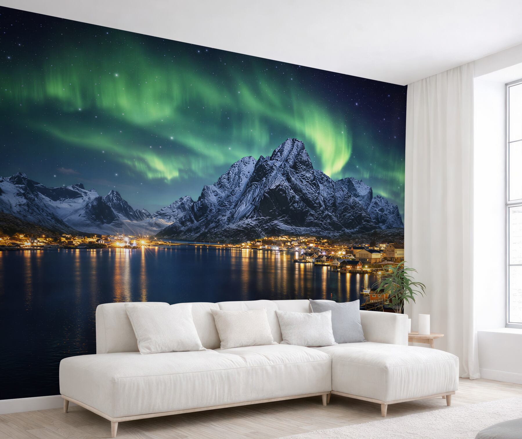 Fototapeta zorza polarna nad fiordem i górami nocny krajobraz