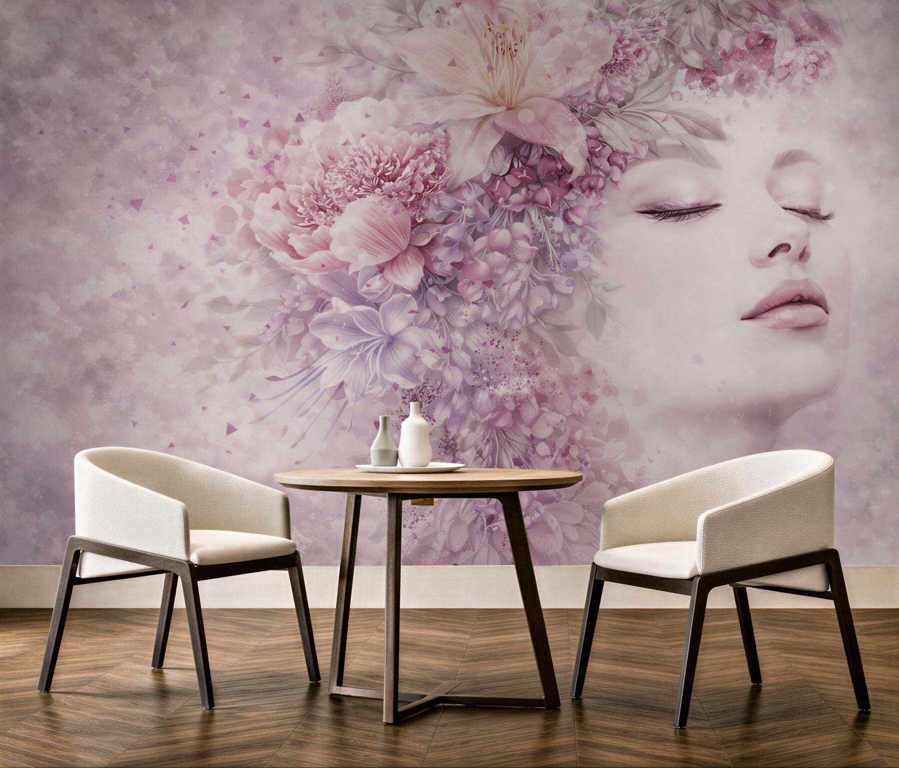 Fototapeta kobieta z kwiatami w pastelowym różu romantyczna do sypialni