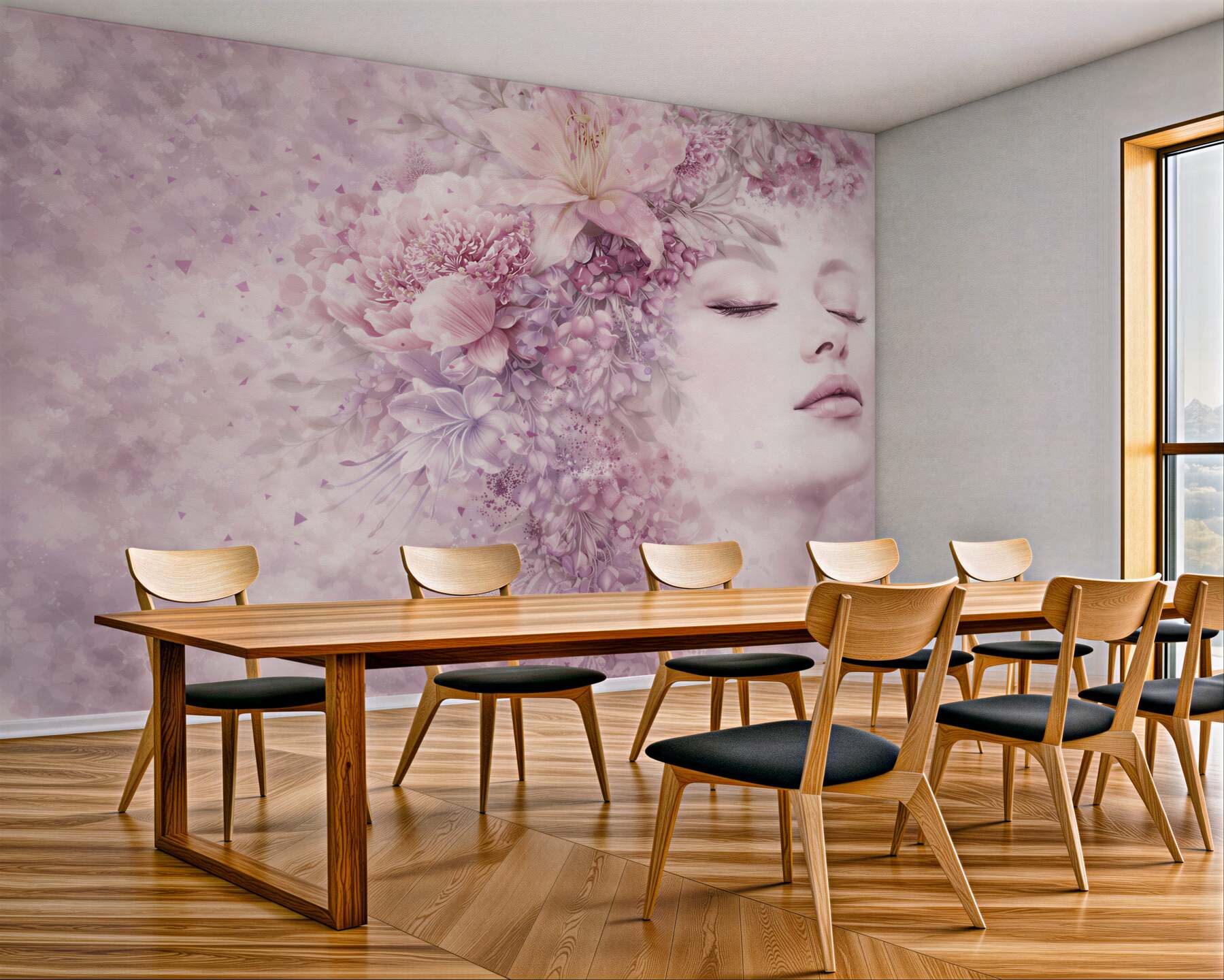 Fototapeta kobieta z kwiatami w pastelowym różu romantyczna do sypialni