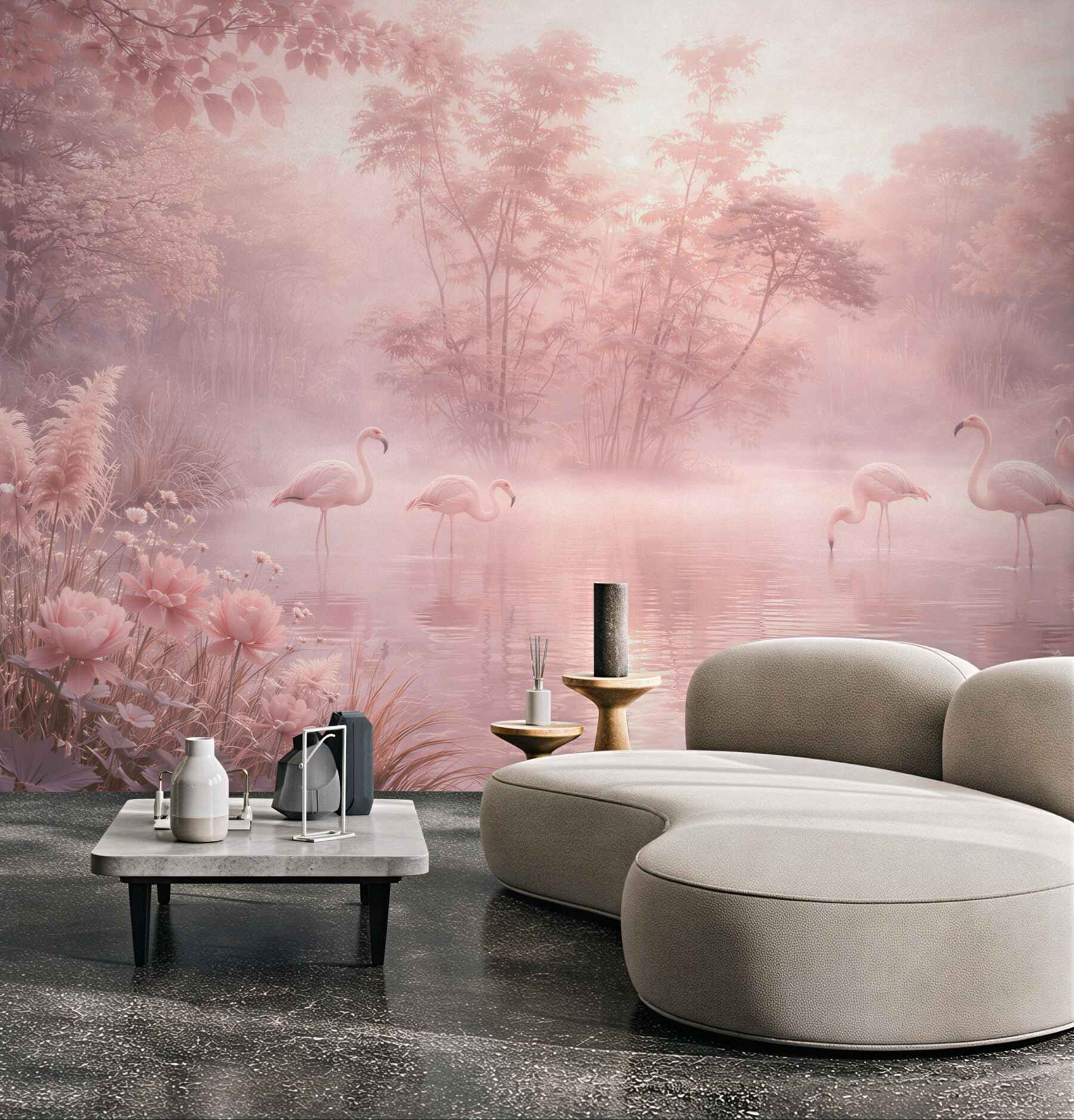Fototapeta różowe flamingi nad jeziorem we mgle romantyczna