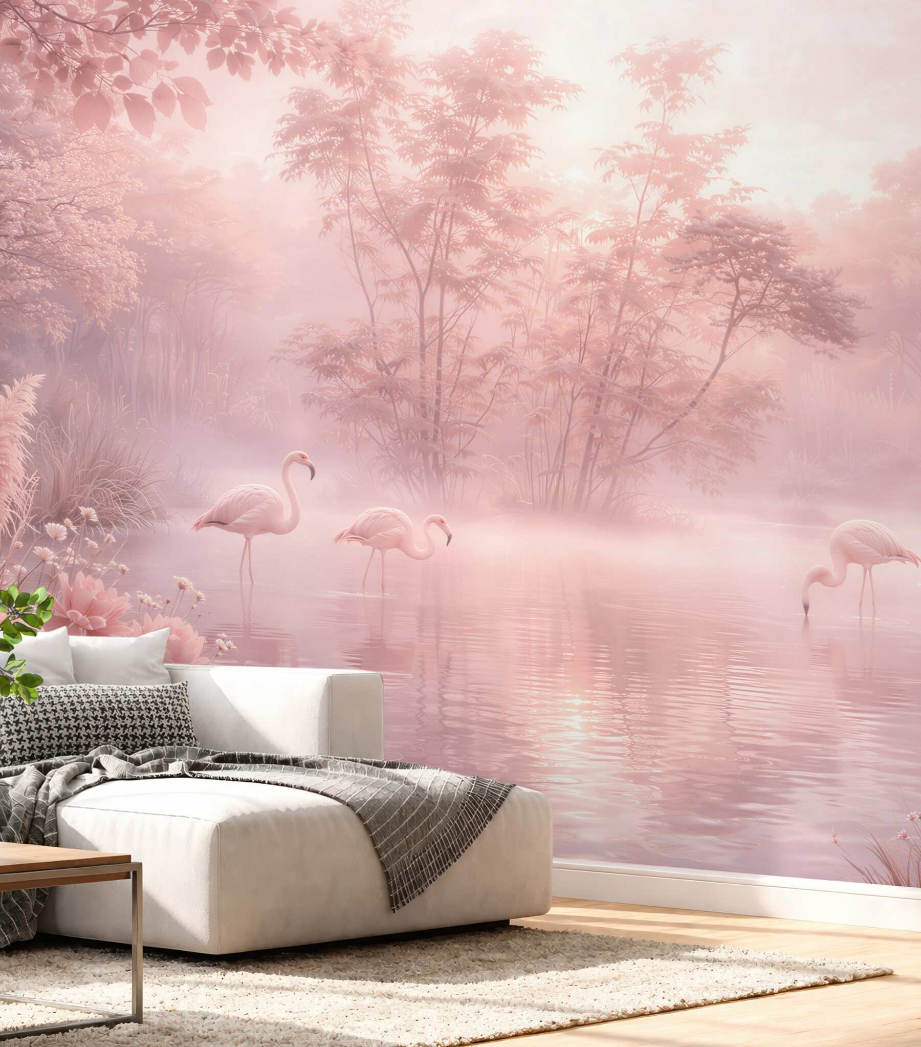 Fototapeta różowe flamingi nad jeziorem we mgle romantyczna
