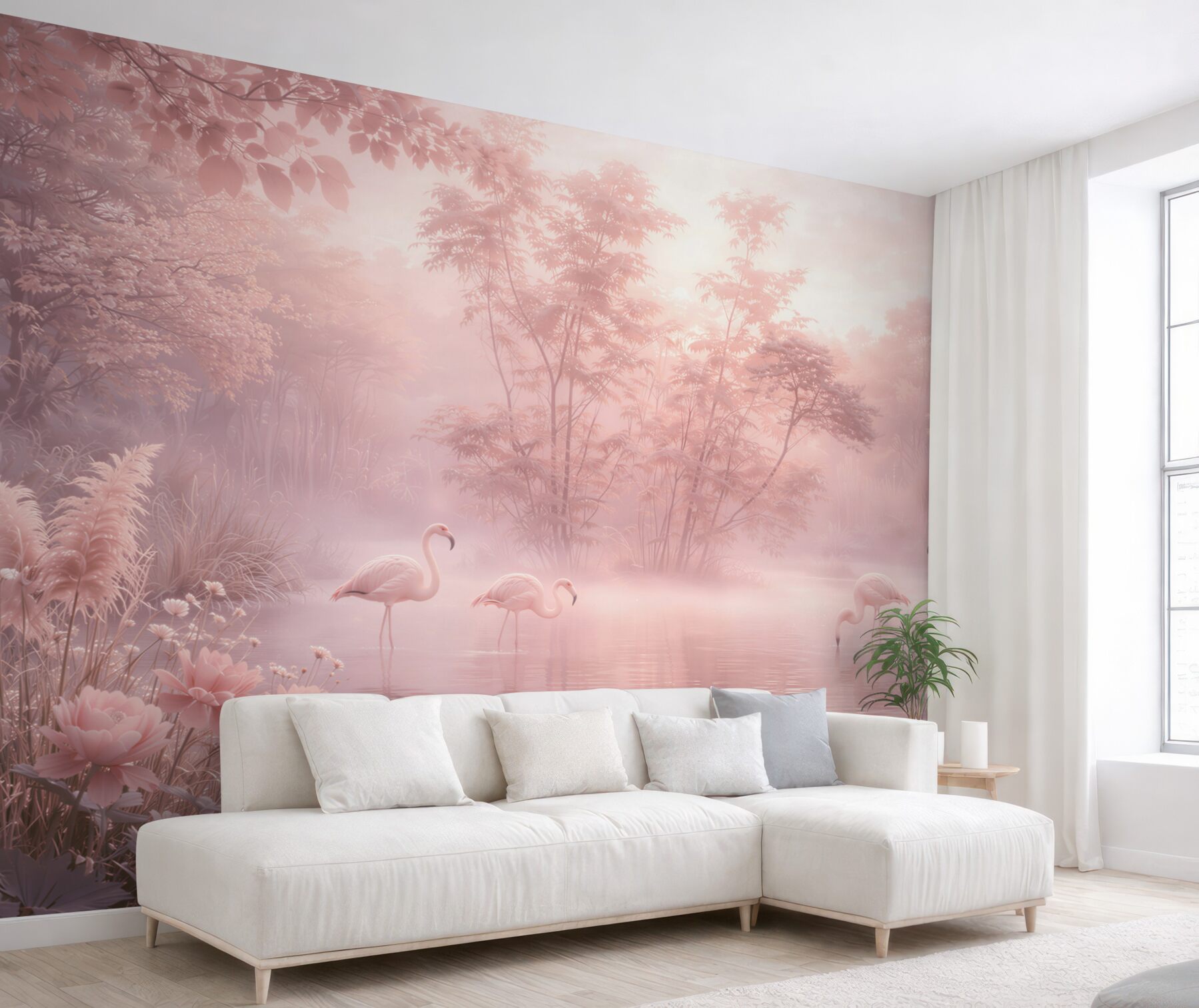 Fototapeta różowe flamingi nad jeziorem we mgle romantyczna