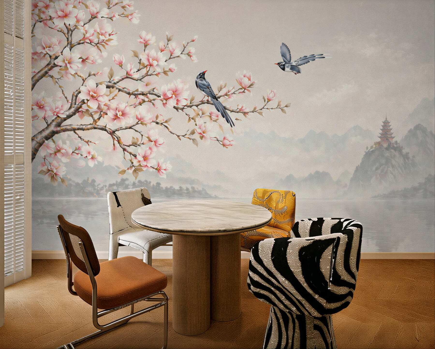 Fototapeta kwitnąca magnolia z ptakami nad jeziorem w orientalnym stylu