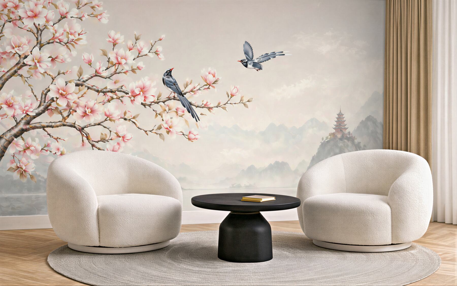 Fototapeta kwitnąca magnolia z ptakami nad jeziorem w orientalnym stylu