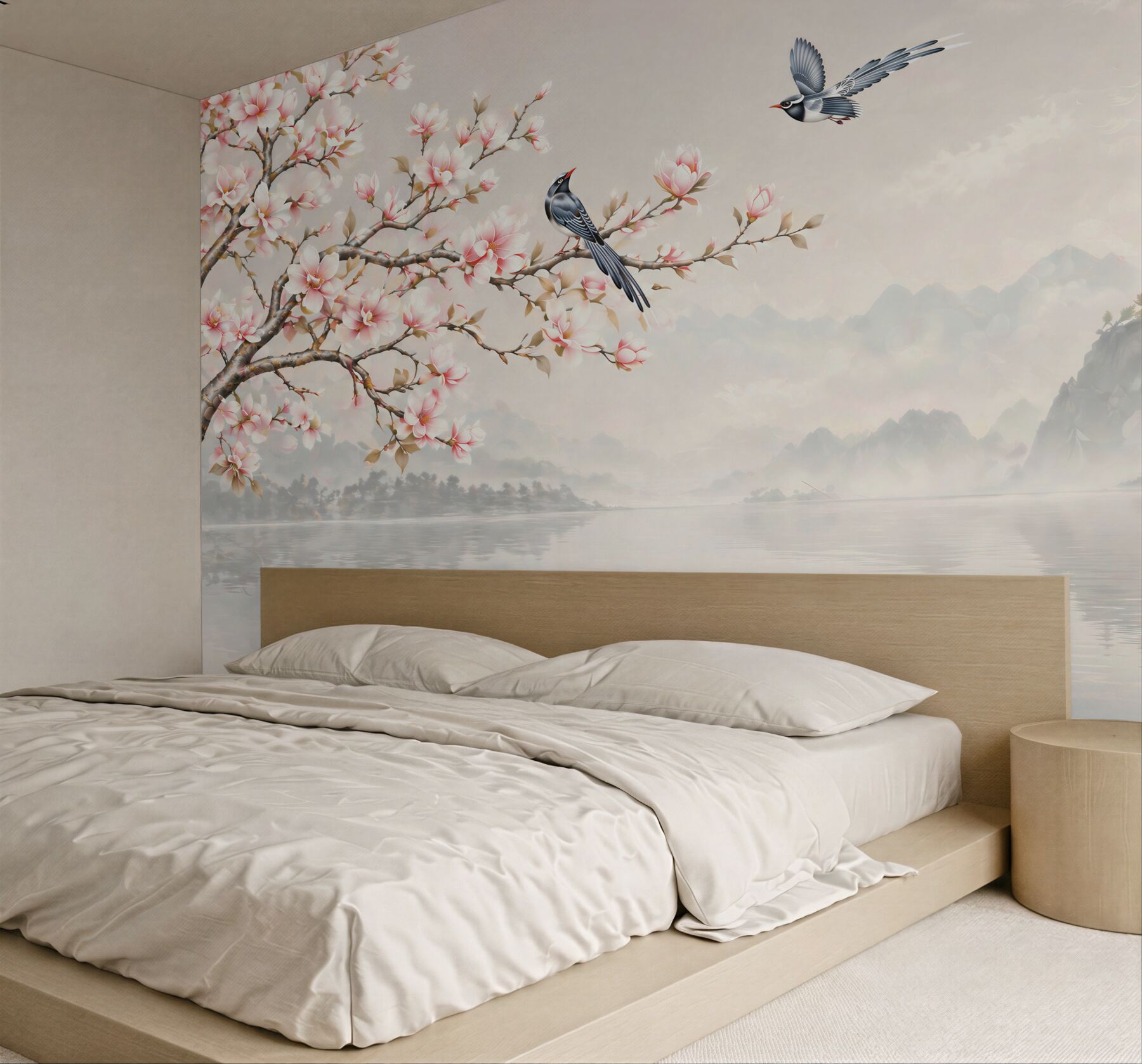 Fototapeta kwitnąca magnolia z ptakami nad jeziorem w orientalnym stylu