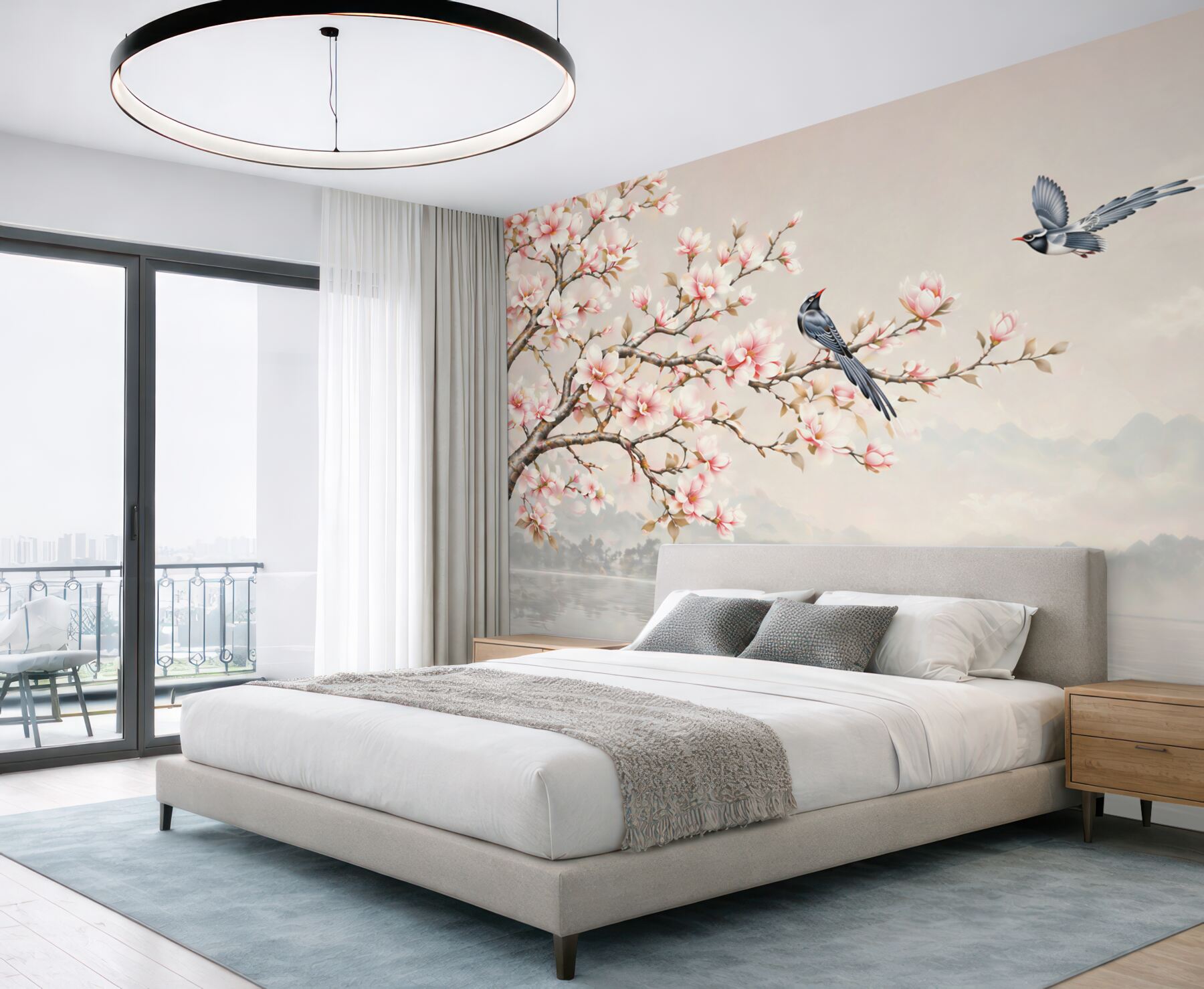 Fototapeta kwitnąca magnolia z ptakami nad jeziorem w orientalnym stylu