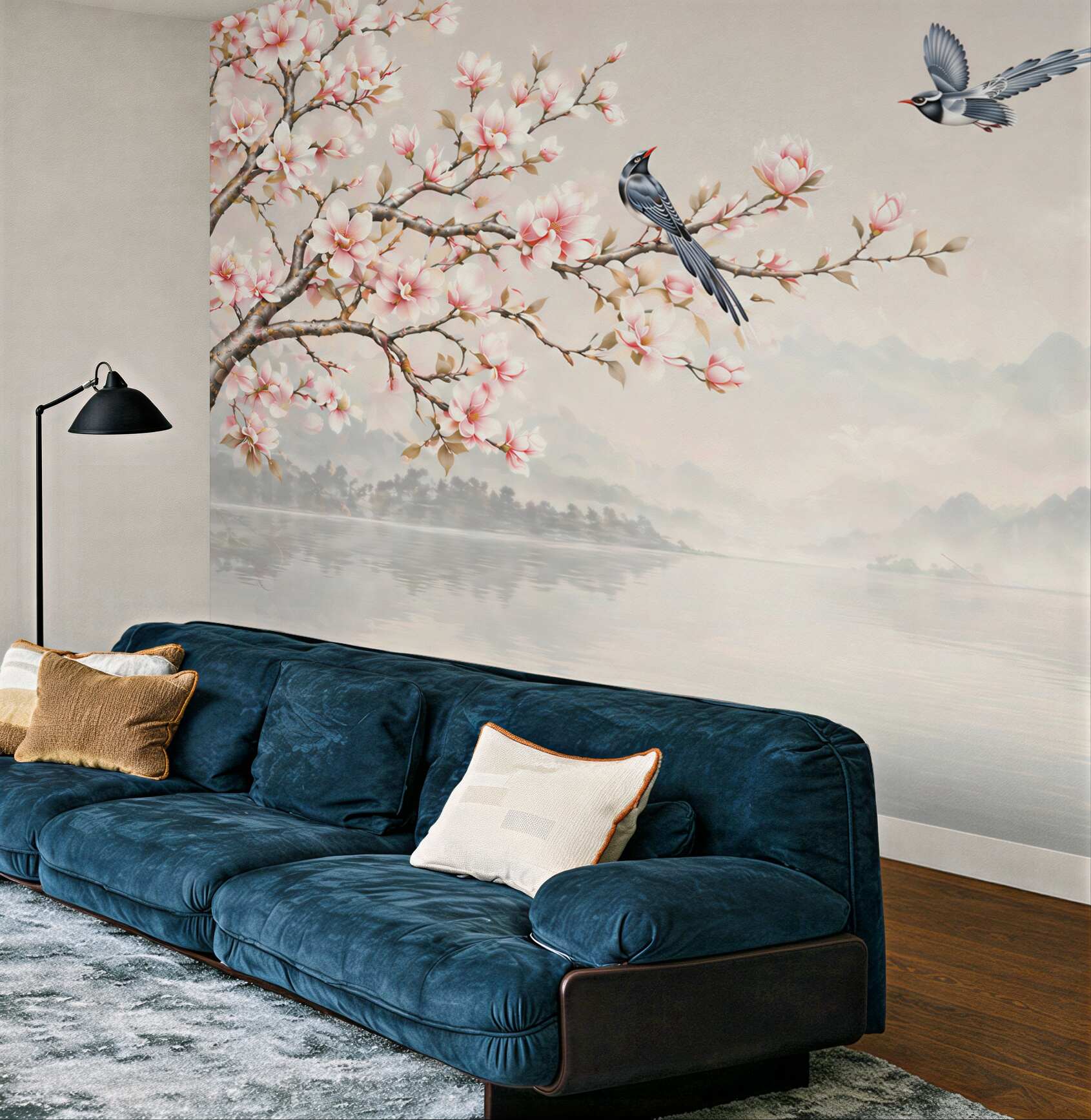 Fototapeta kwitnąca magnolia z ptakami nad jeziorem w orientalnym stylu