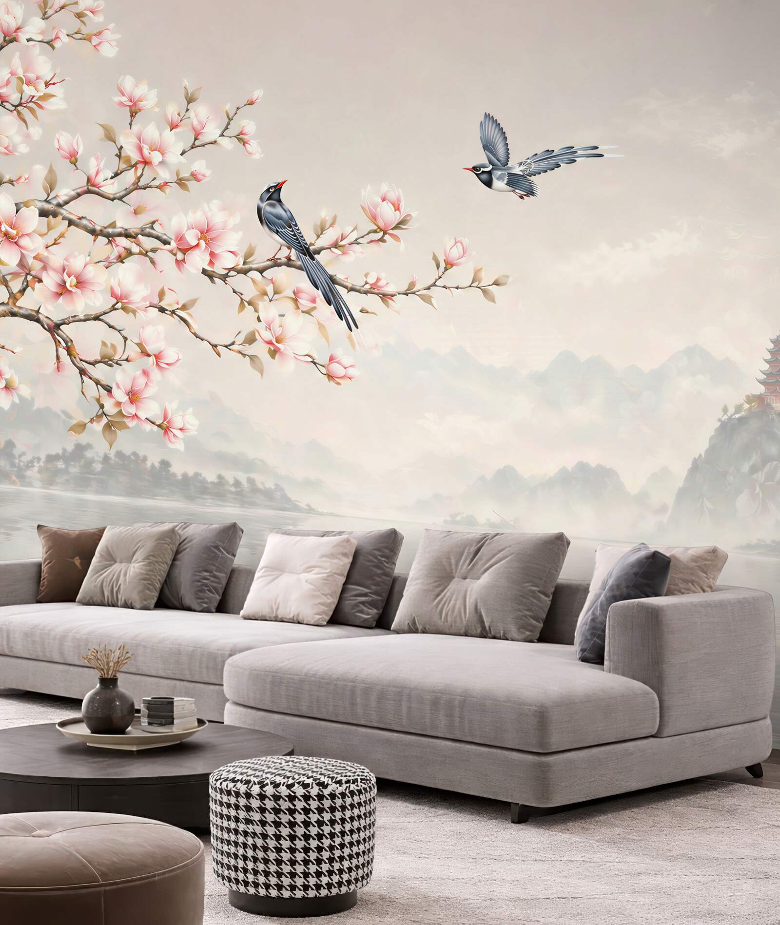 Fototapeta kwitnąca magnolia z ptakami nad jeziorem w orientalnym stylu