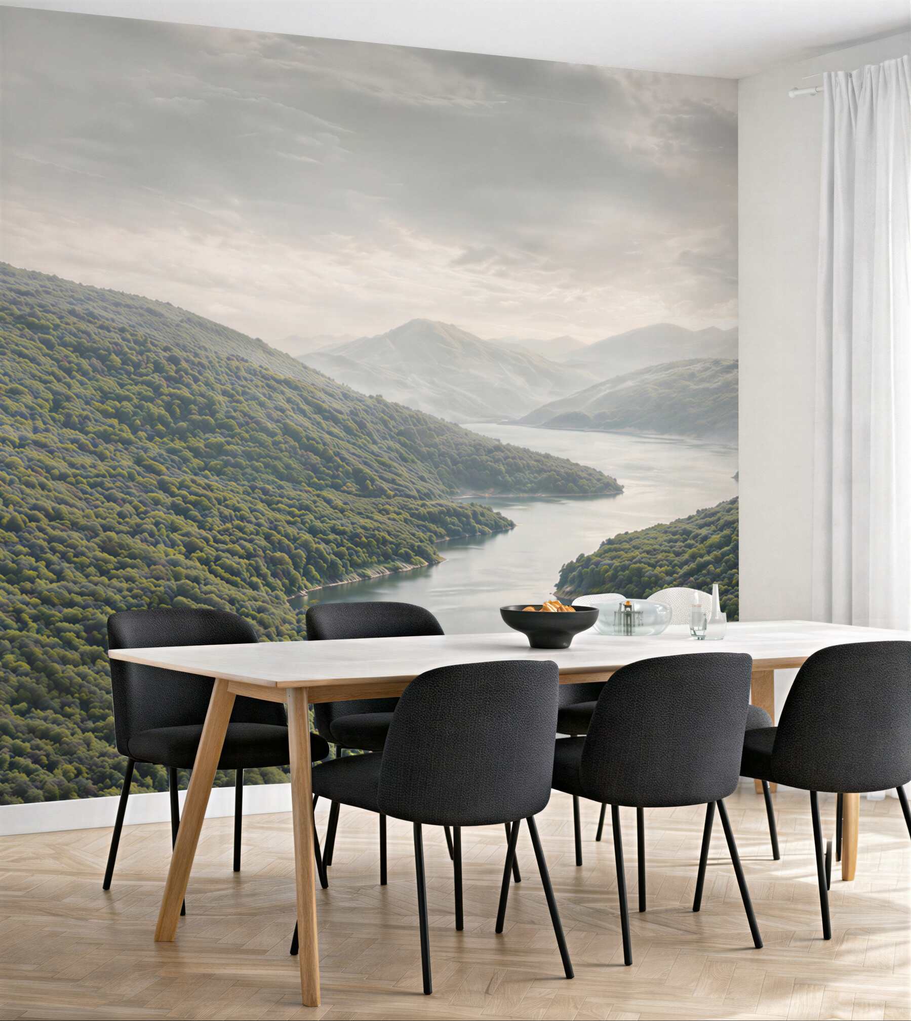 Fototapeta górskie jezioro we mgle panoramiczna spokojna natura