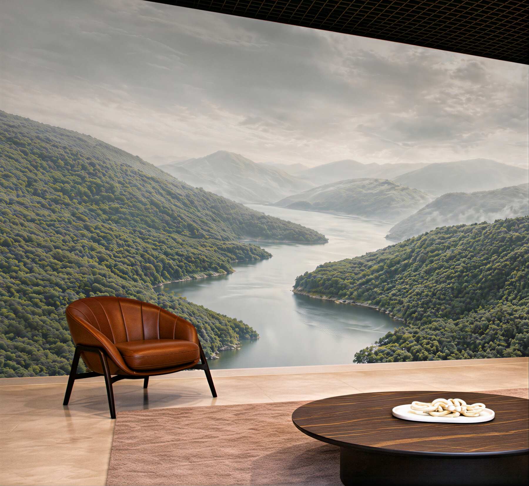 Fototapeta górskie jezioro we mgle panoramiczna spokojna natura
