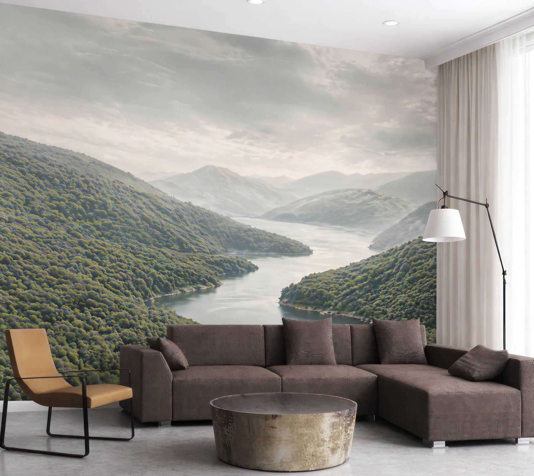 Fototapeta górskie jezioro we mgle panoramiczna spokojna natura