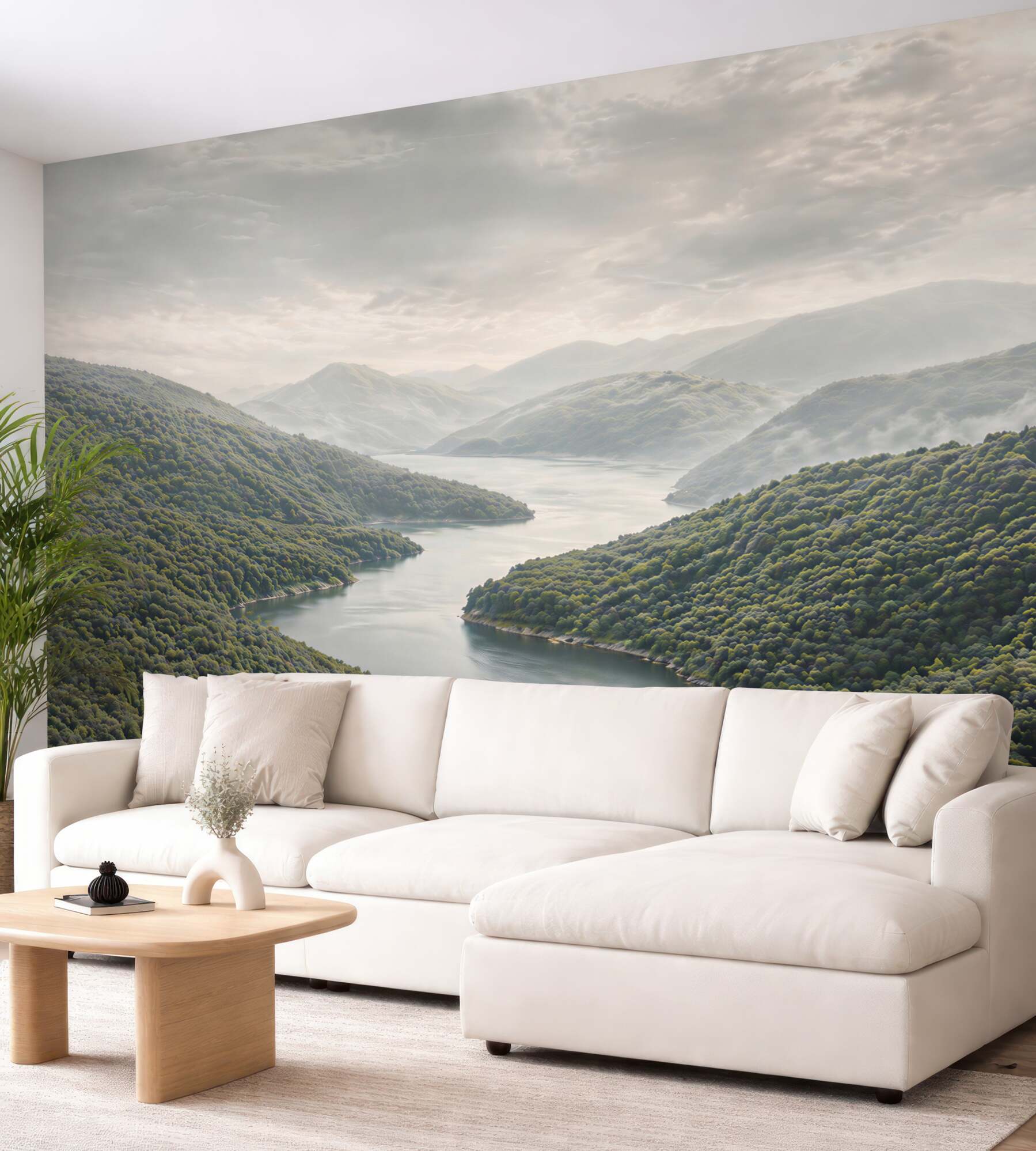 Fototapeta górskie jezioro we mgle panoramiczna spokojna natura