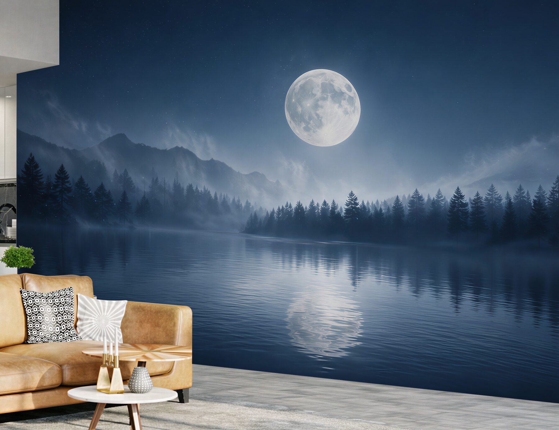 Fototapeta księżyc nad jeziorem i lasem we mgle nocny krajobraz