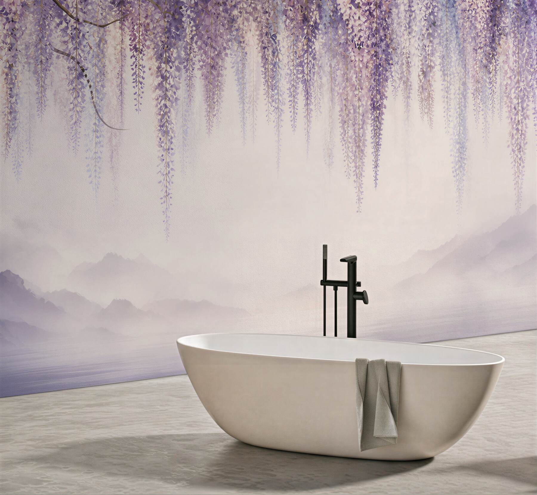 Fototapeta glicynia lawendowa nad jeziorem we mglistej scenerii